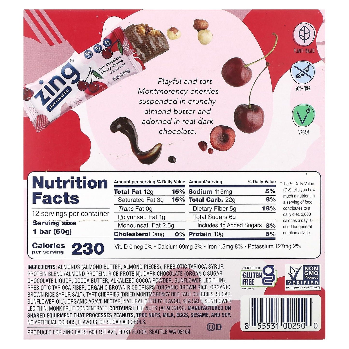 Zing Bars, Plant-Based Bar, Dark Chocolate Cherry Almond In Almond Butter, 12 Bars, 1.76 oz (50 g) Each - Image 2