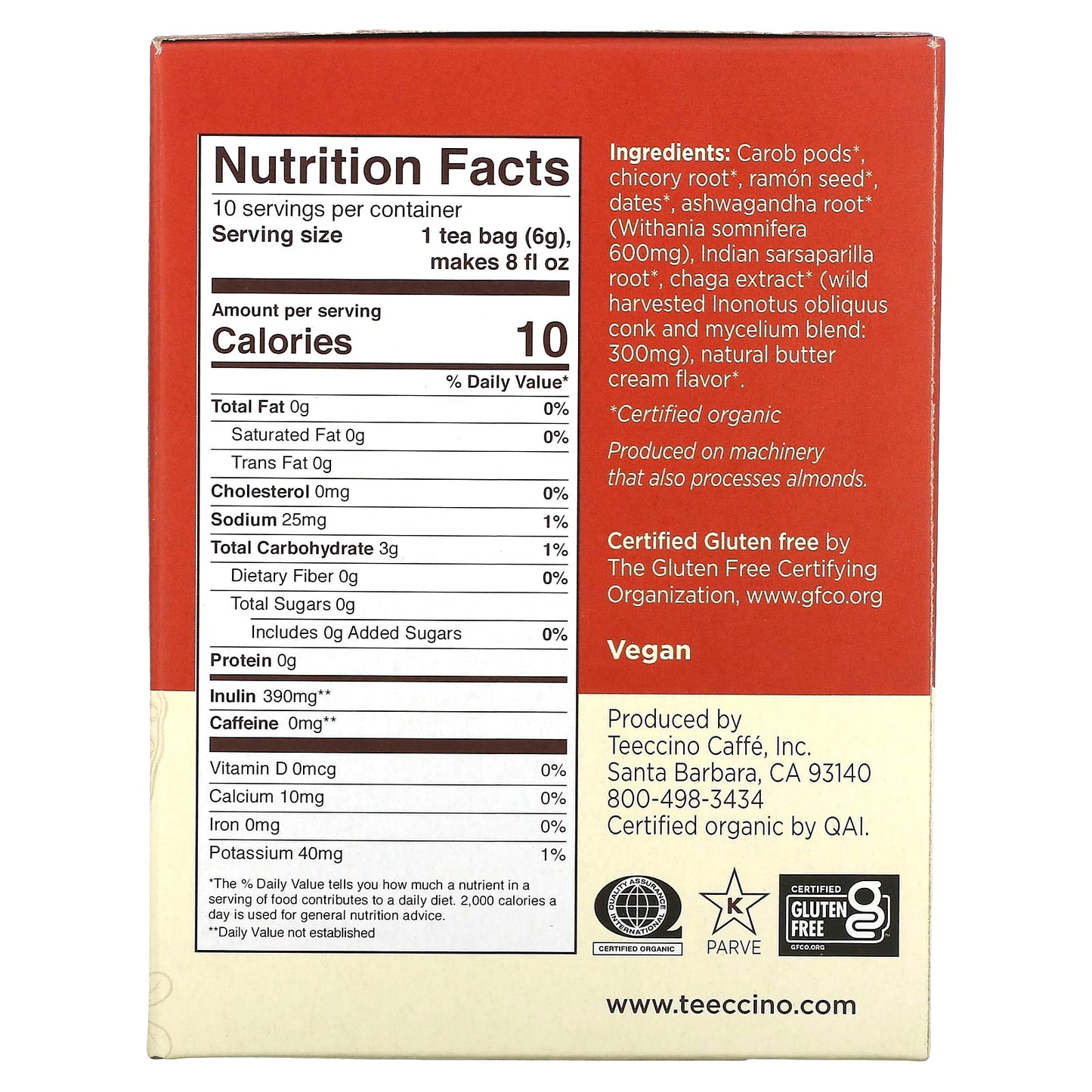 Teeccino, Mushroom Herbal Tea, Chaga Ashwagandha, Butterscotch Cream, Caffeine Free, 10 Tea Bags, 2.12 oz (60 g)