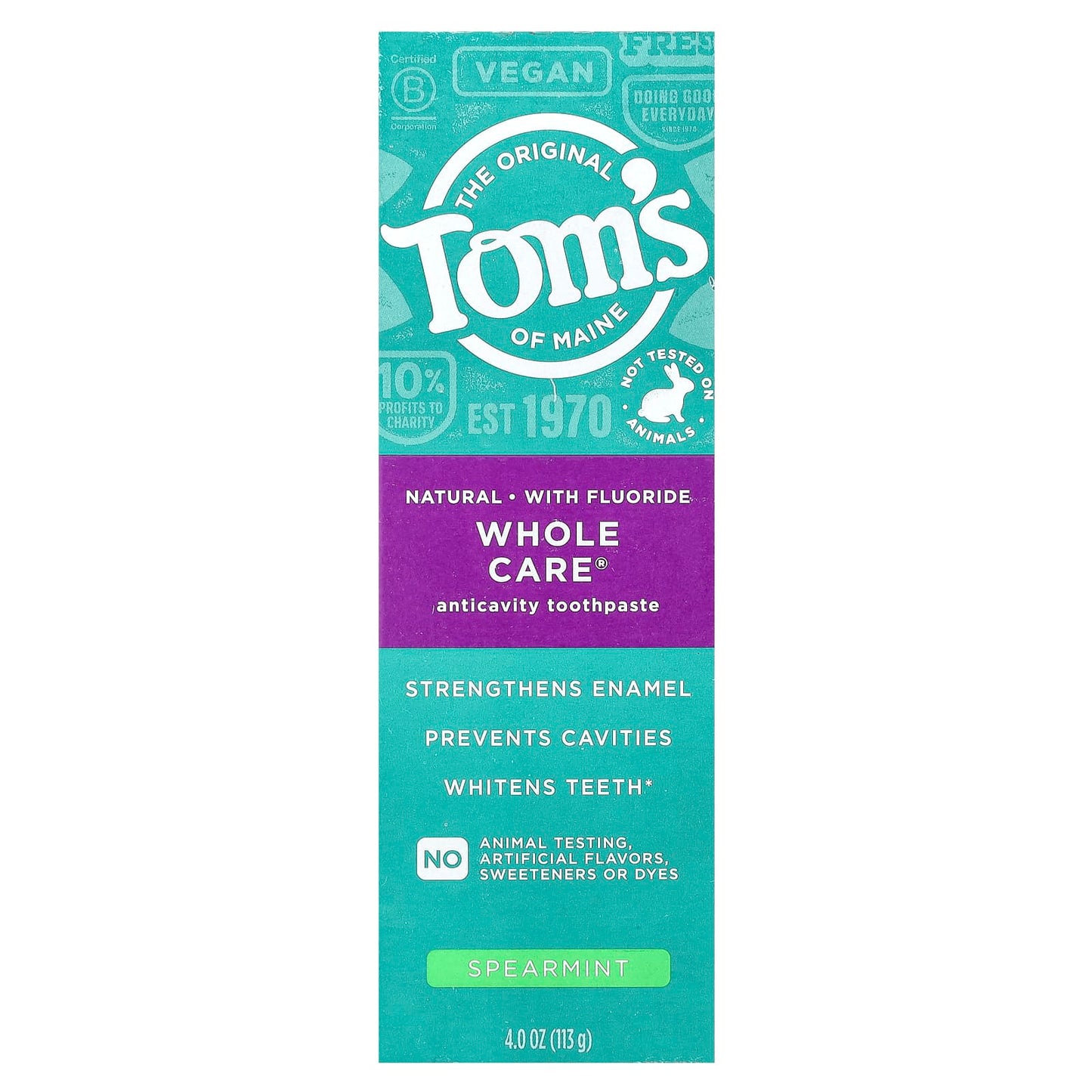 Tom's of Maine, Whole Care®, Natural Anticavity Toothpaste with Fluoride, Spearmint, 4 oz (113 g) - Image 2