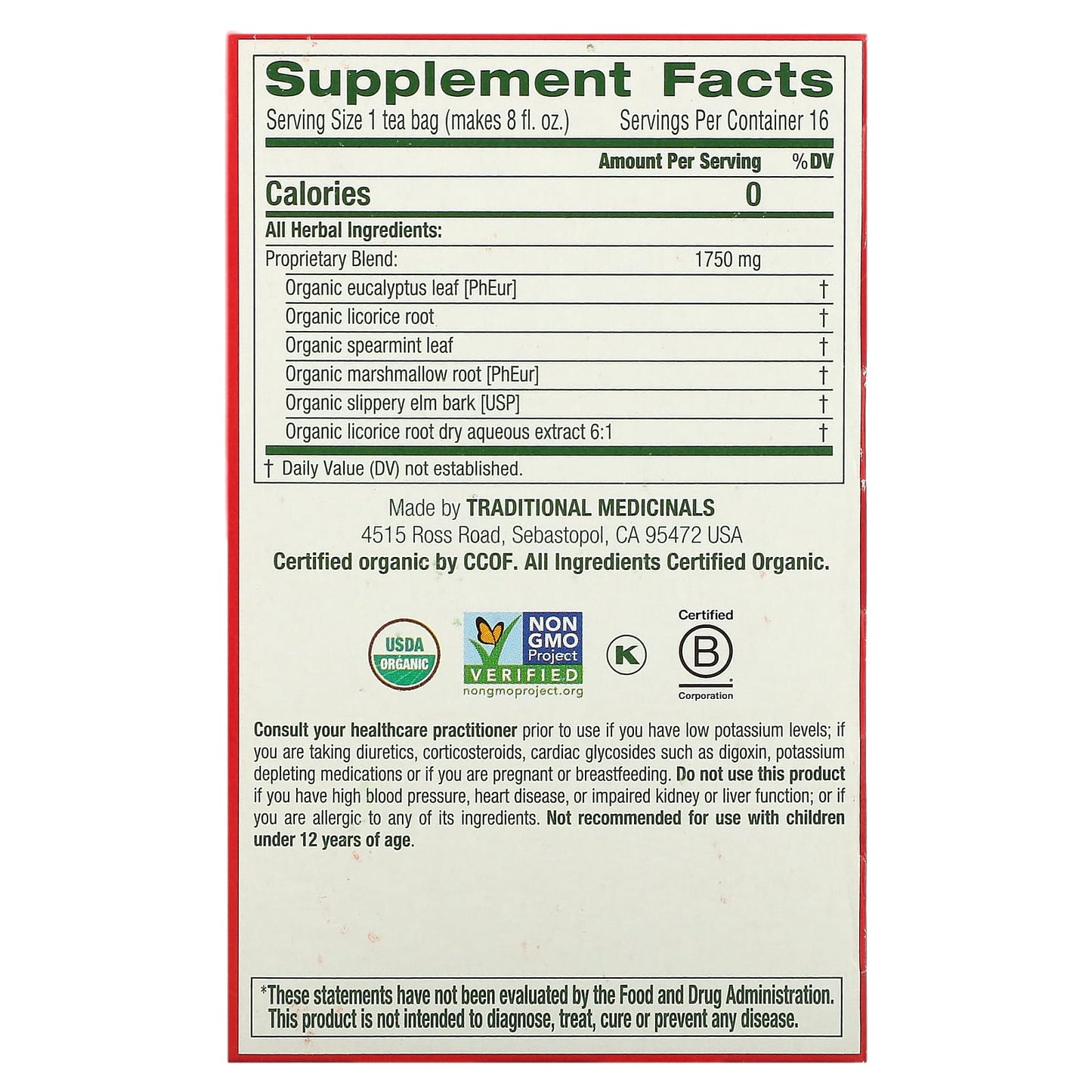 Traditional Medicinals, Organic Throat Coat, Eucalyptus, Caffeine Free, 16 Wrapped Tea Bags, 0.99 oz (28 g) - Image 2