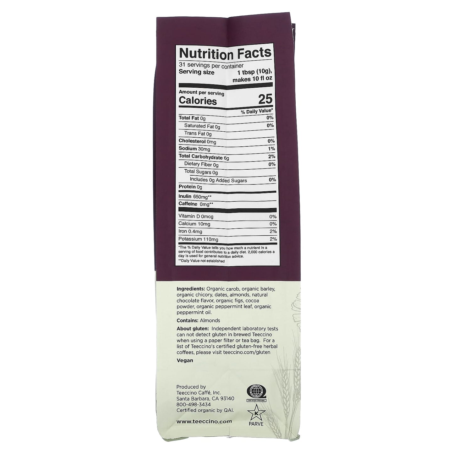 Teeccino, Organic Chicory Herbal 'Coffee', Chocolate Mint, Light Roast, Caffeine Free, 11 oz (312 g) - Image 2