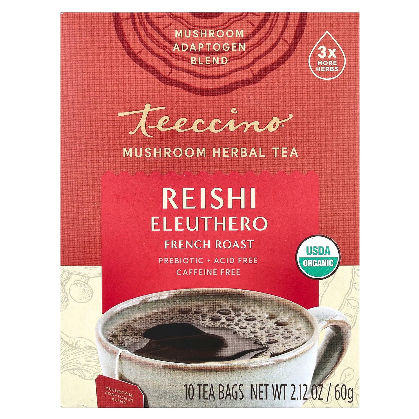 Teeccino, Mushroom Herbal Tea, Reishi Eleuthero, French Roast, Caffeine Free, 10 Tea Bags, 2.12 oz (60 g) - Image 1