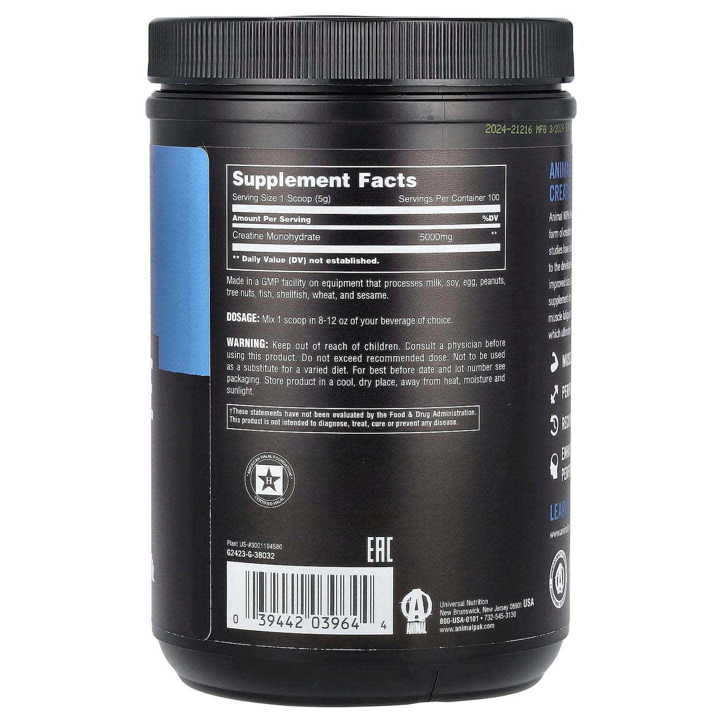 Animal, 100% Pure Creatine Monohydrate™ Powder, Unflavored, 1.1 lb (500 g)