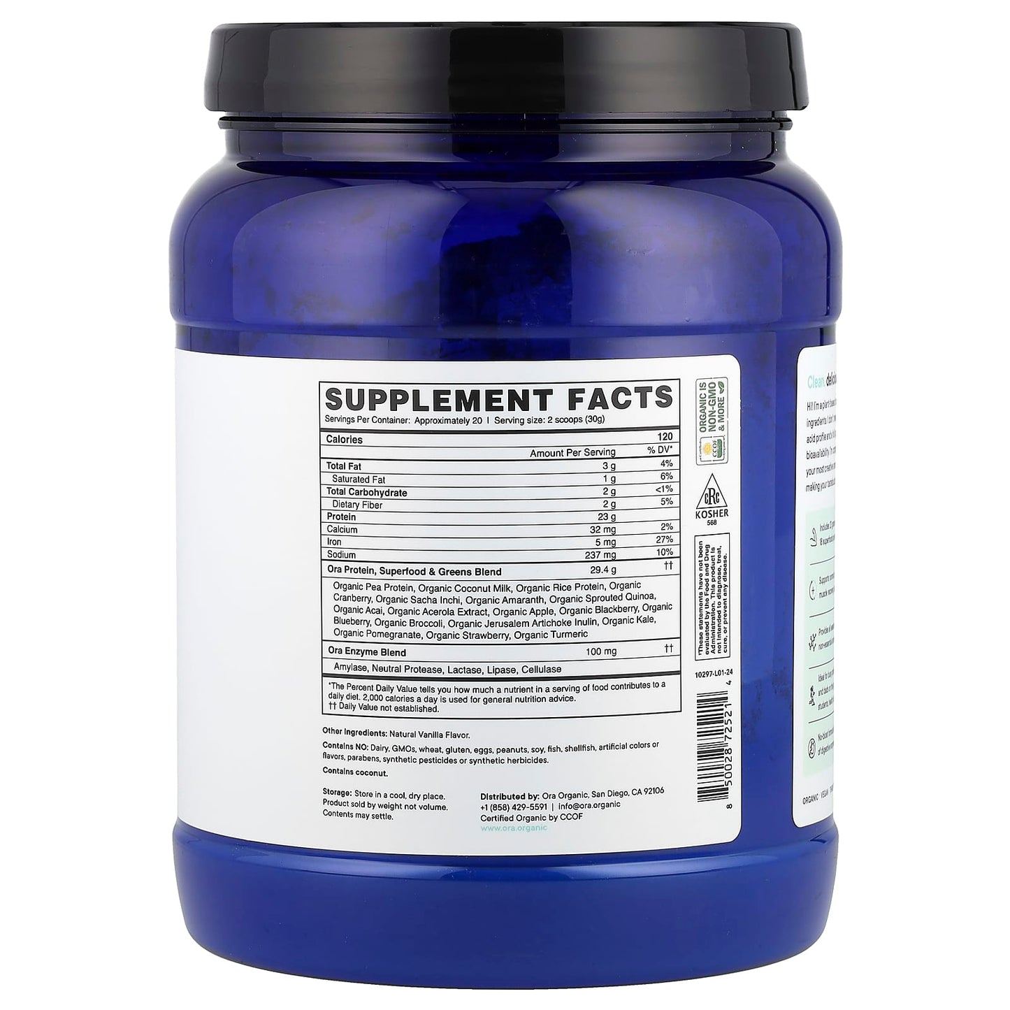 Ora, So Lean & So Clean, Daily Superfood Plant Protein, Unsweetened, 20.9 oz (594 g) - Image 2