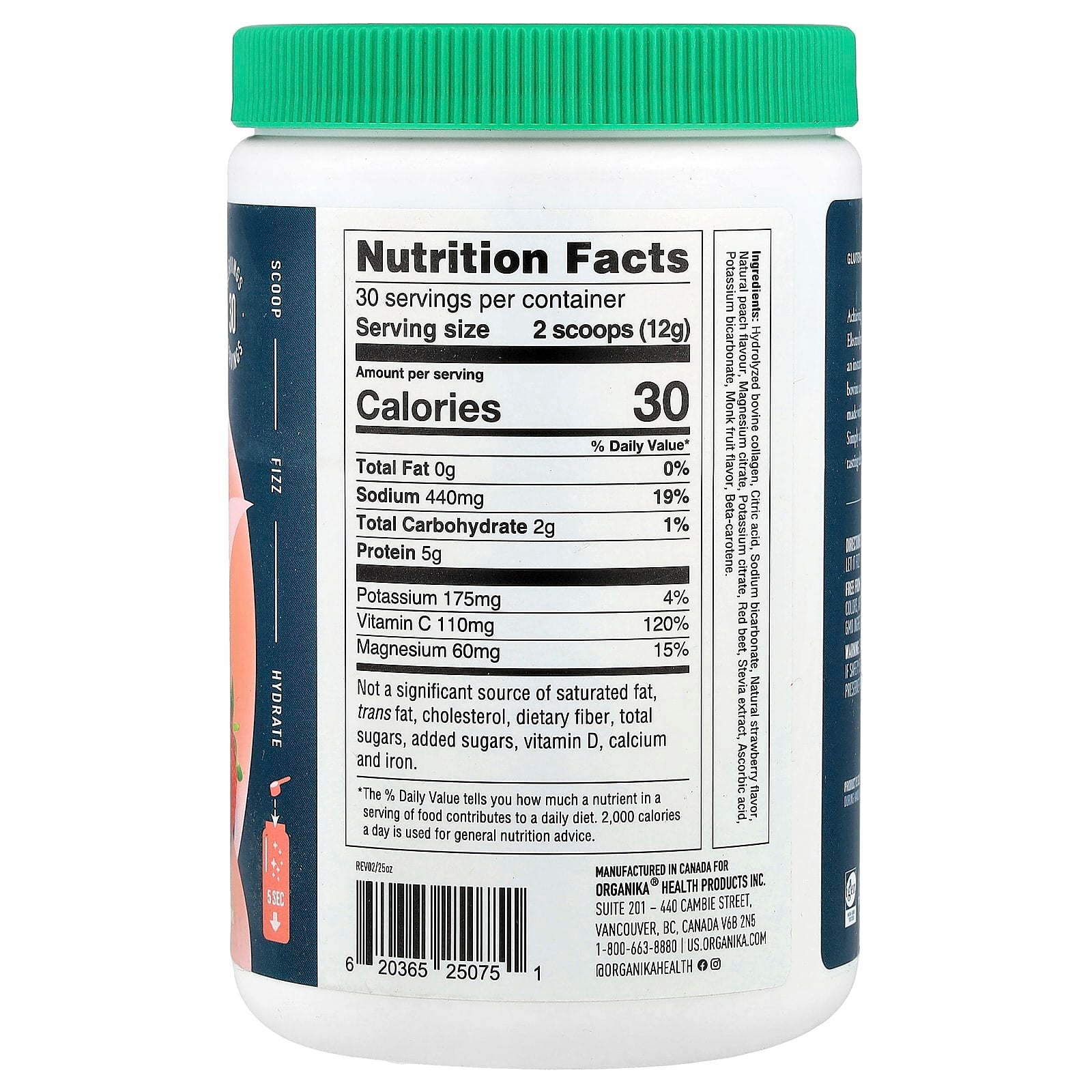 Organika, Electrolytes + Enhanced Collagen™, Juicy Strawberry Peach, 12.7 oz (360 g) - Image 2