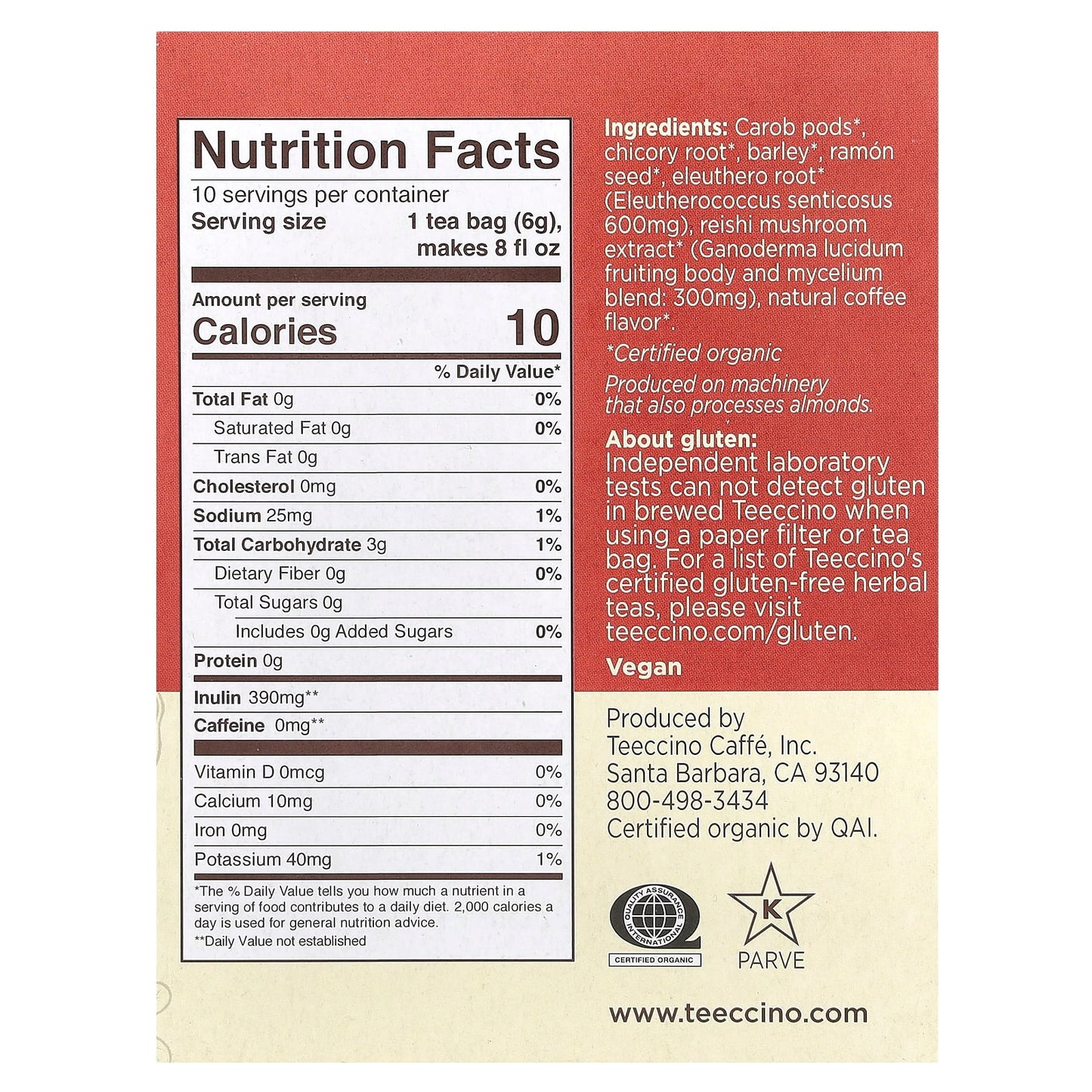 Teeccino, Mushroom Herbal Tea, Reishi Eleuthero, French Roast, Caffeine Free, 10 Tea Bags, 2.12 oz (60 g) - Image 2
