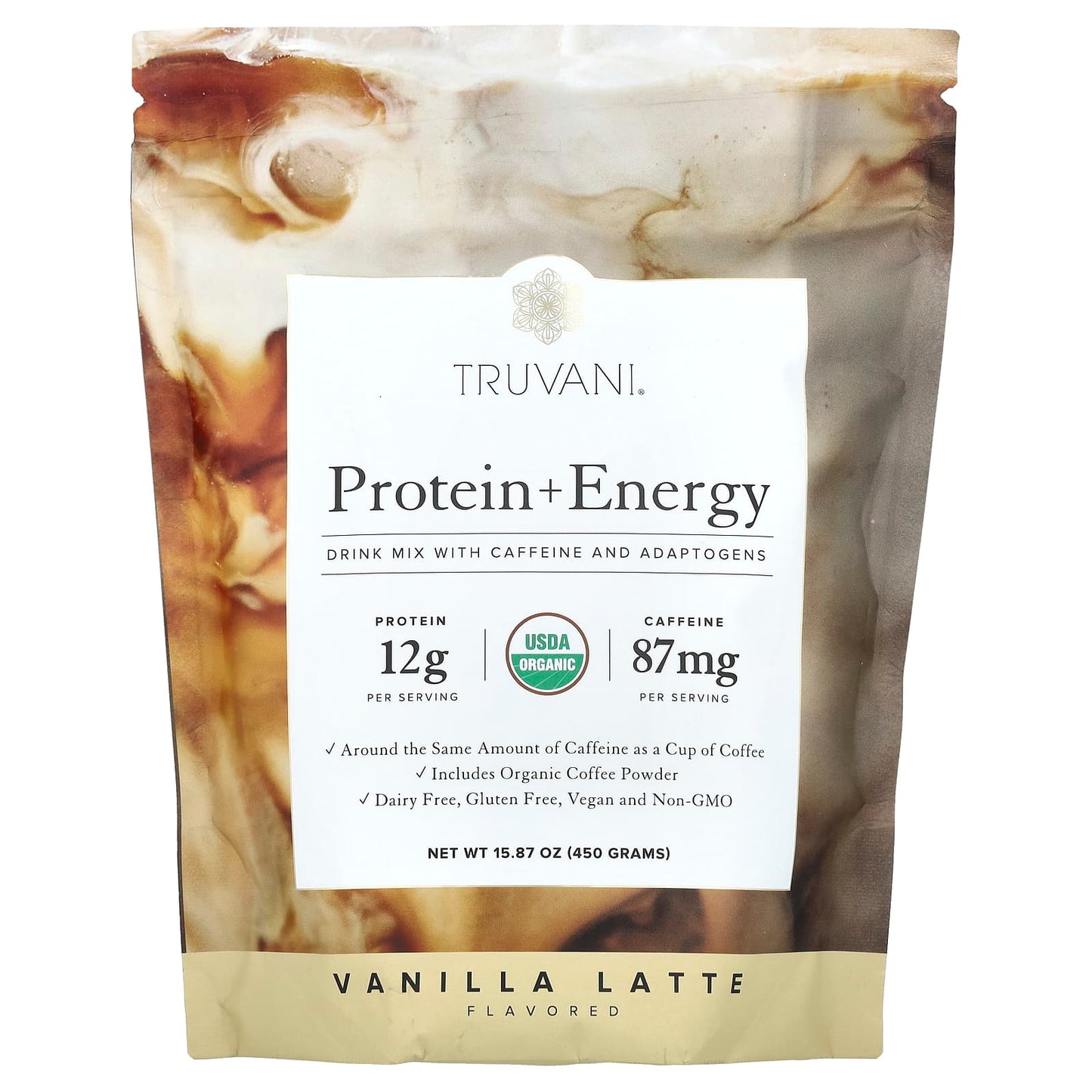 Truvani, Protein + Energy, Vanilla Latte, 15.87 oz (450 g) - Image 1