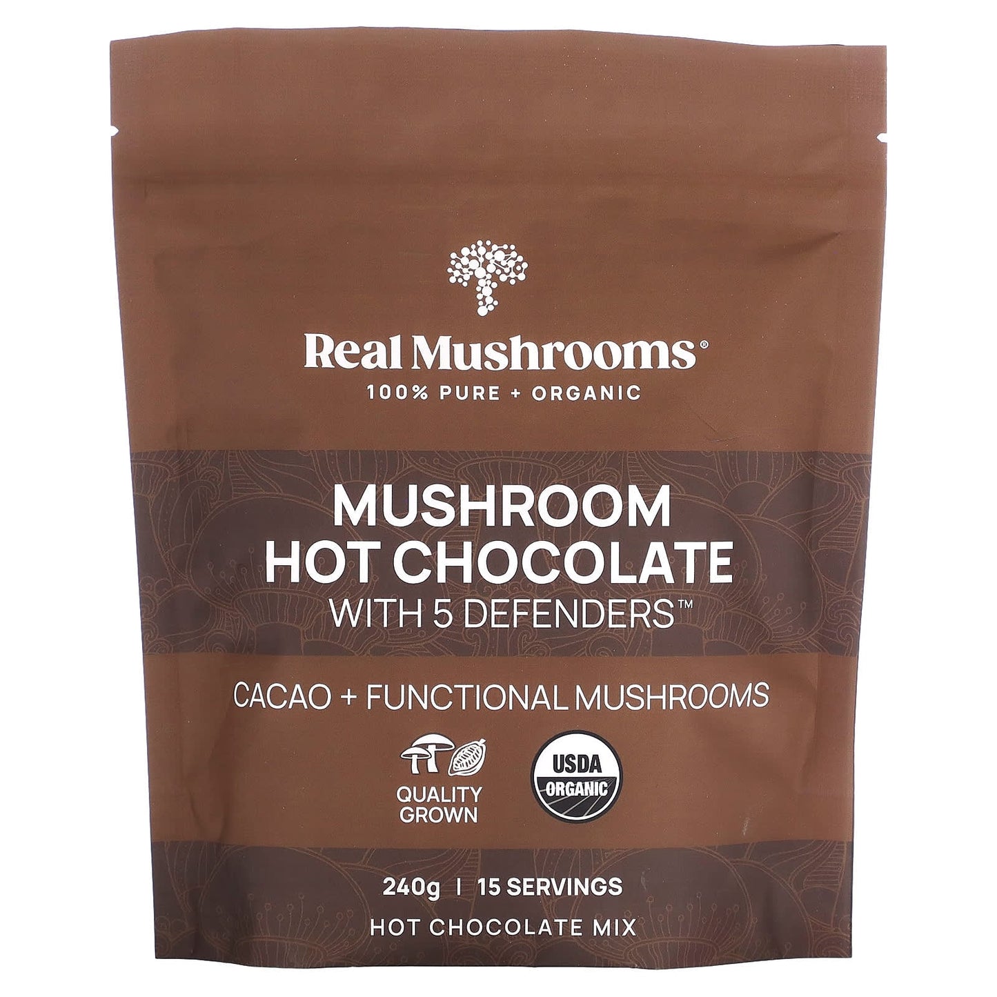 Real Mushrooms, Mushroom Hot Chocolate with 5 Defenders, 240 g - Image 1