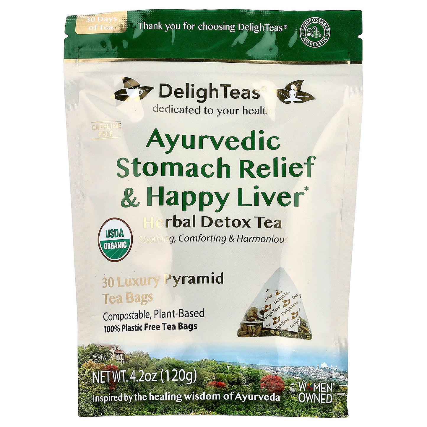 DelighTeas, Ayurvedic Stomach Relief & Happy Liver, Herbal Detox Tea, Caffeine Free, 30 Luxury Pyramid Tea Bags, 4.2 oz (120 g)