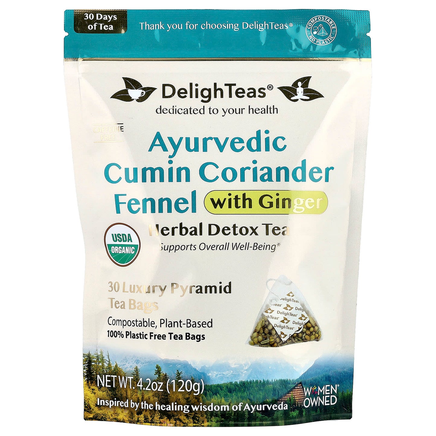 DelighTeas, Ayurvedic Cumin Coriander Fennel With Ginger, Herbal Detox Tea, Caffeine Free, 30 Luxury Pyramid Bags, 4.2 oz (120 g)