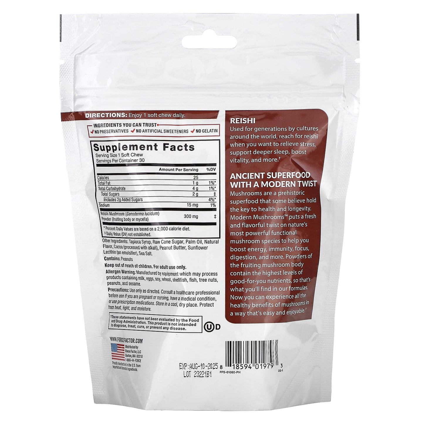 Force Factor, Modern Mushrooms™, Reishi, Chocolate Peanut Butter Cup, 30 Superfood Soft Chews (300 mg per Soft Chew)