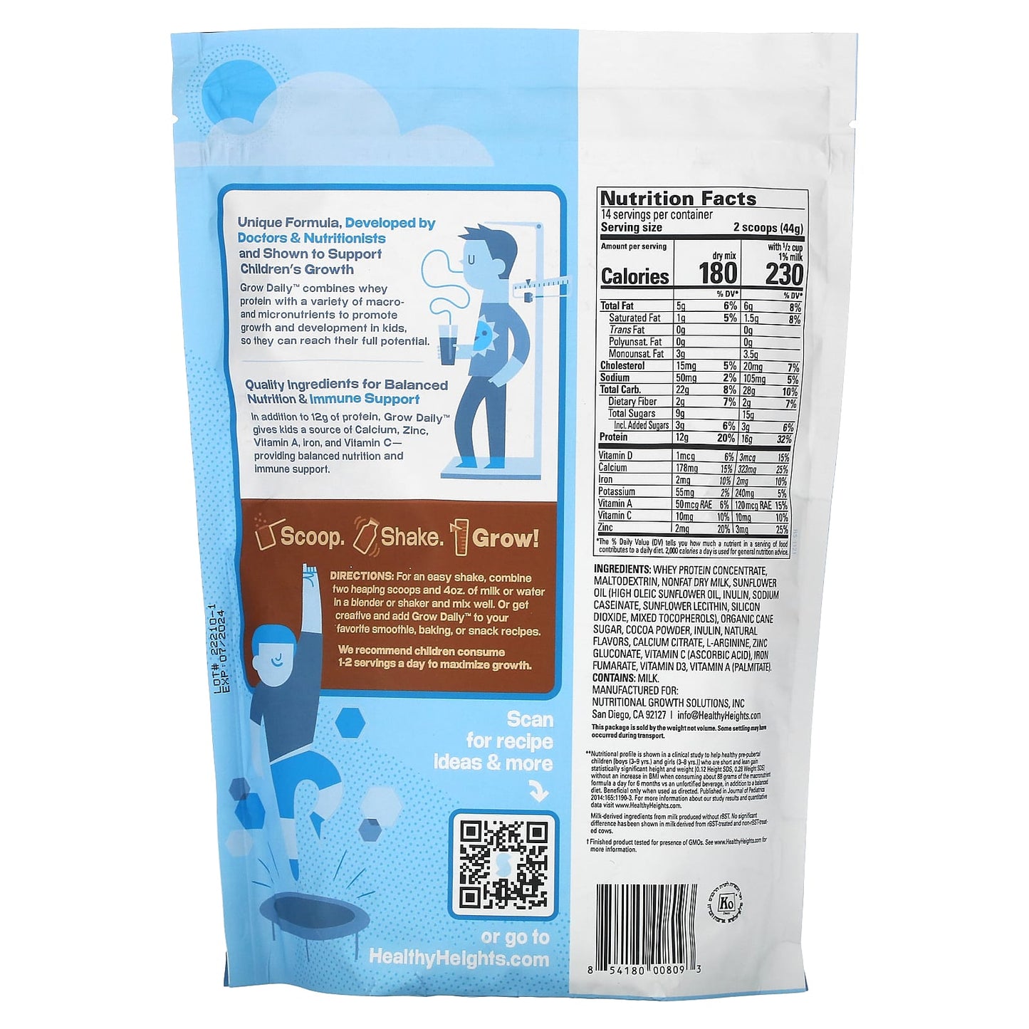 Healthy Heights Grow Daily Kids Whey Protein Mix 3+, Chocolate, 21.7 oz - Image 2