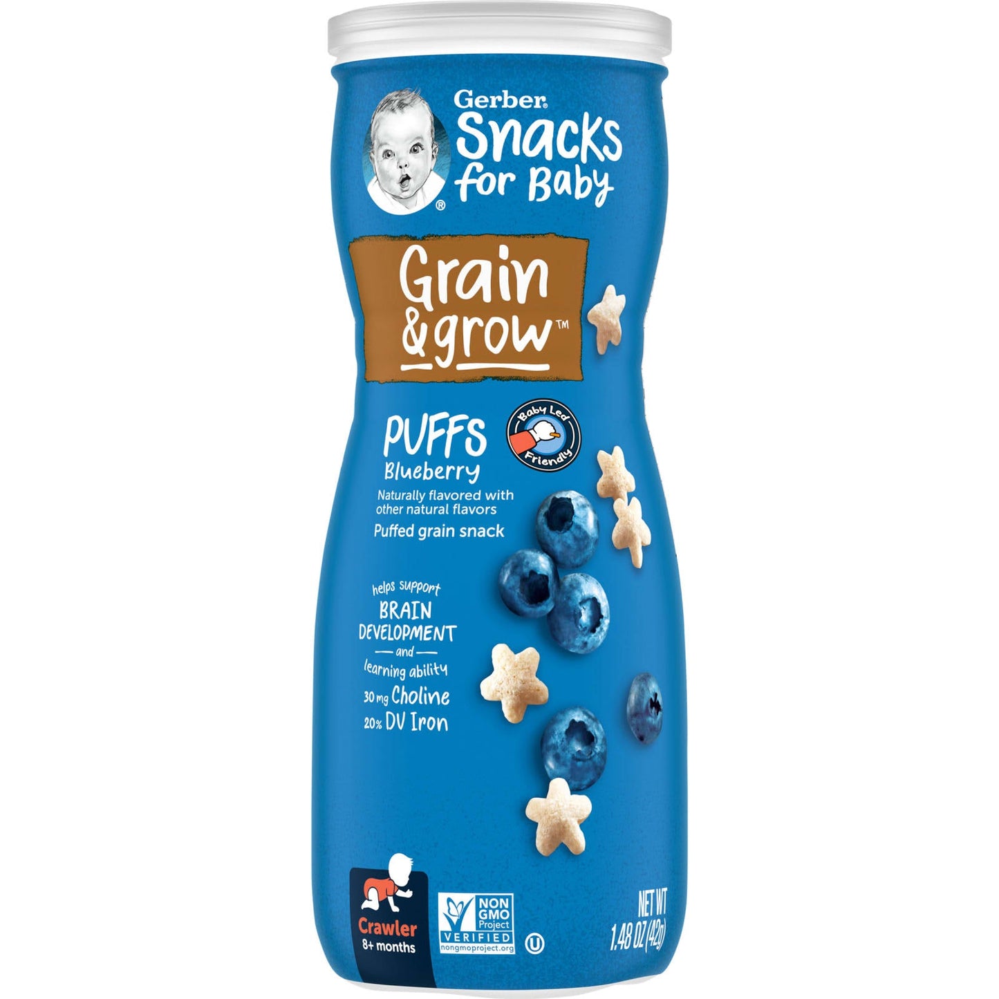 Gerber Grain & Grow Puffs for Babies, 8+ Months, Blueberry, 1.48 oz (42 g) - Image 1