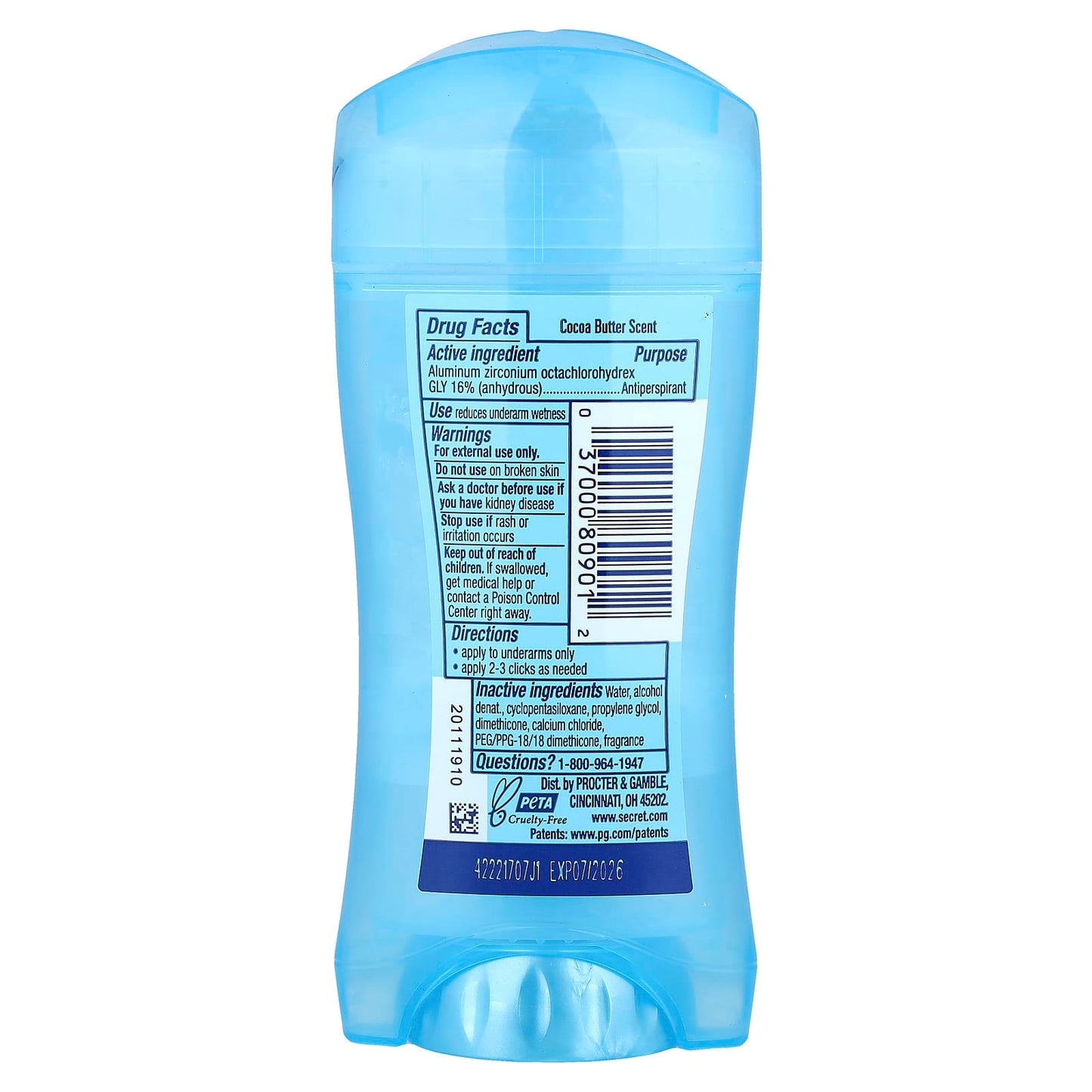Secret, 48 Hour Clear Gel Antiperspirant/Deodorant, Cocoa Butter, 2.6 oz (73 g) - Image 2