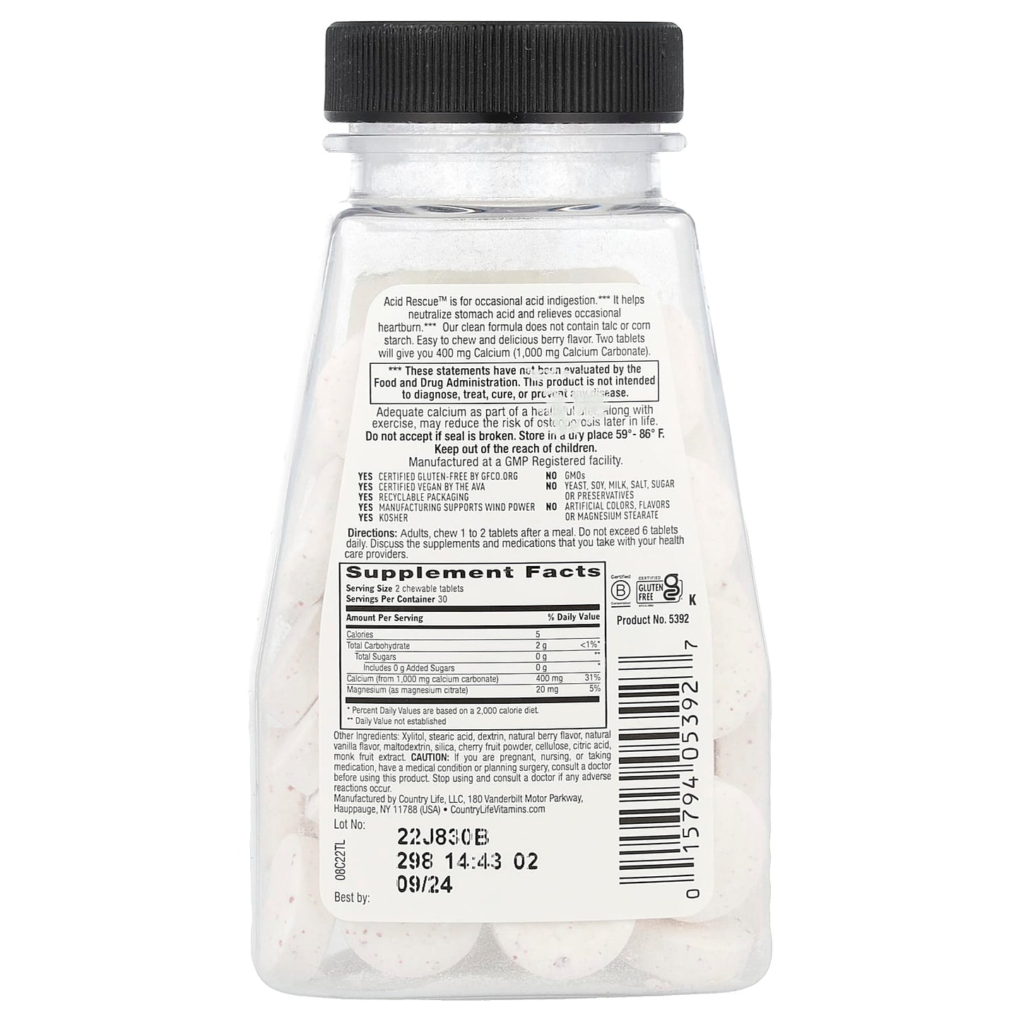 Country Life Acid Rescue Calcium Supplement for Occasional Heartburn Relief - Image 2