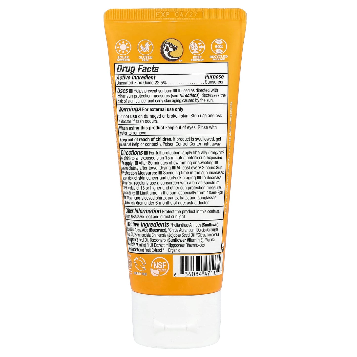 Badger Kids Mineral Sunscreen, SPF 40, 2.9 fl oz, Tangerine & Vanilla - Image 2