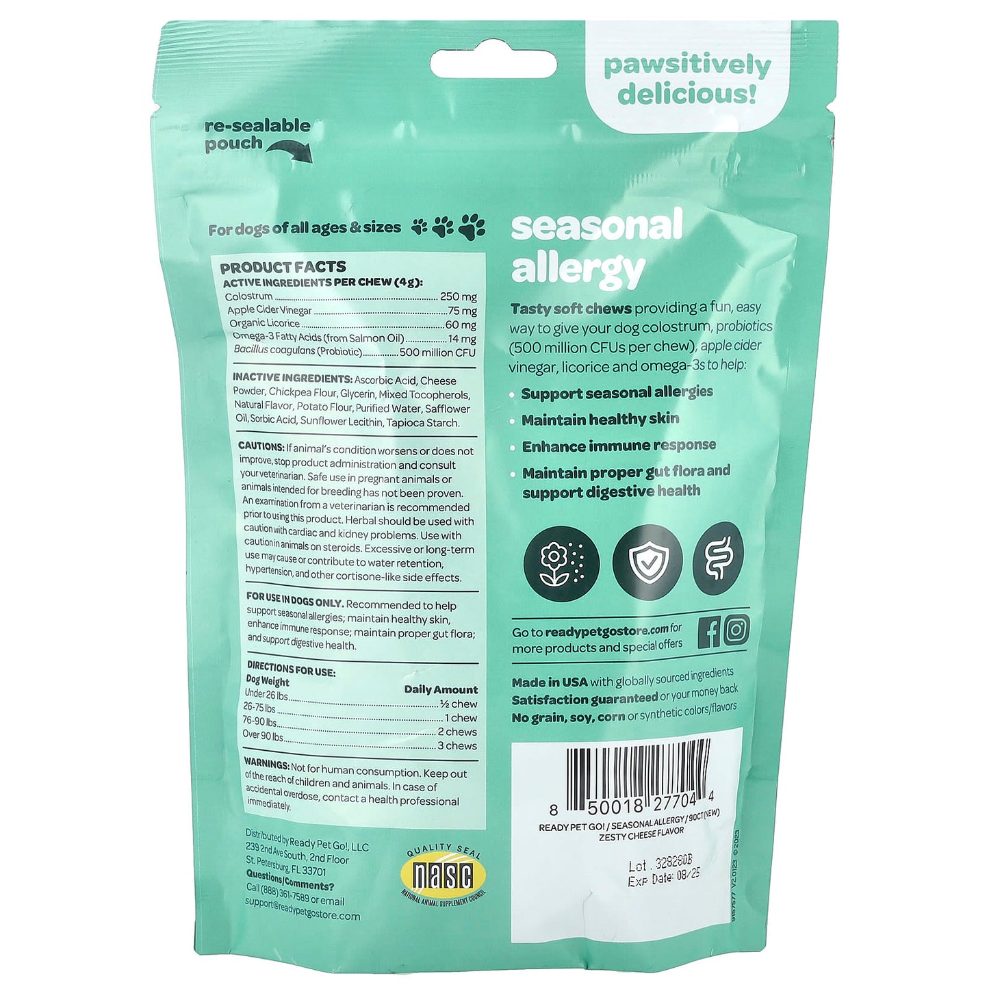 Ready Pet Go, Seasonal Allergy, For Dogs, All Ages, Zesty Cheese, 90 Soft Chews, 12.7 oz (360 g)
