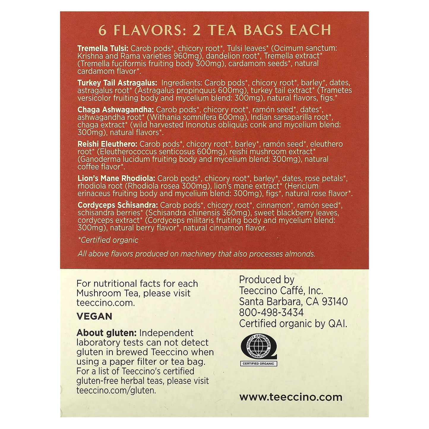 Teeccino, Mushroom Herbal Tea Sampler, 6 Flavors, Caffeine Free, 12 Tea Bags, 2.54 oz (72 g) - Image 2