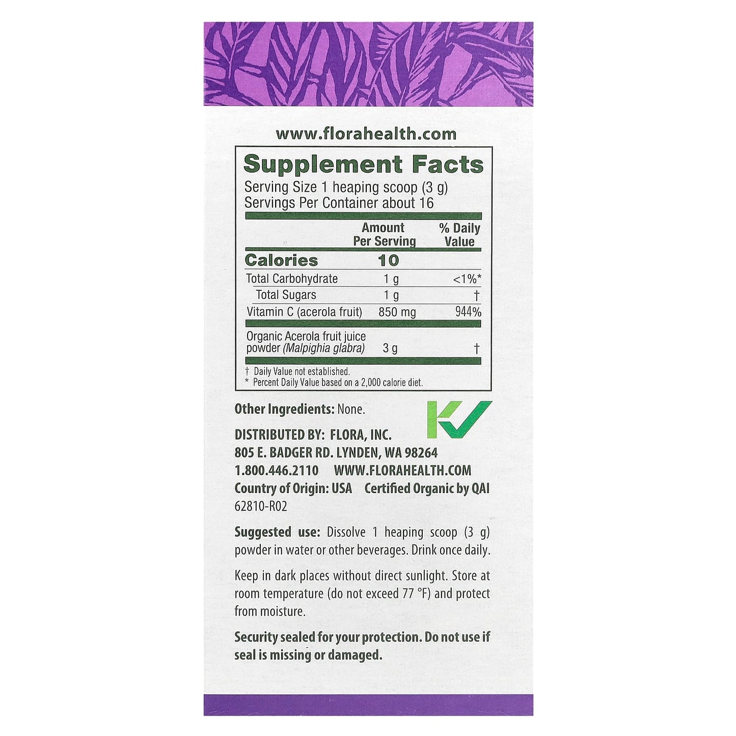 Flora Certified Organic Acerola Vitamin C Powder (50g) - Image 2
