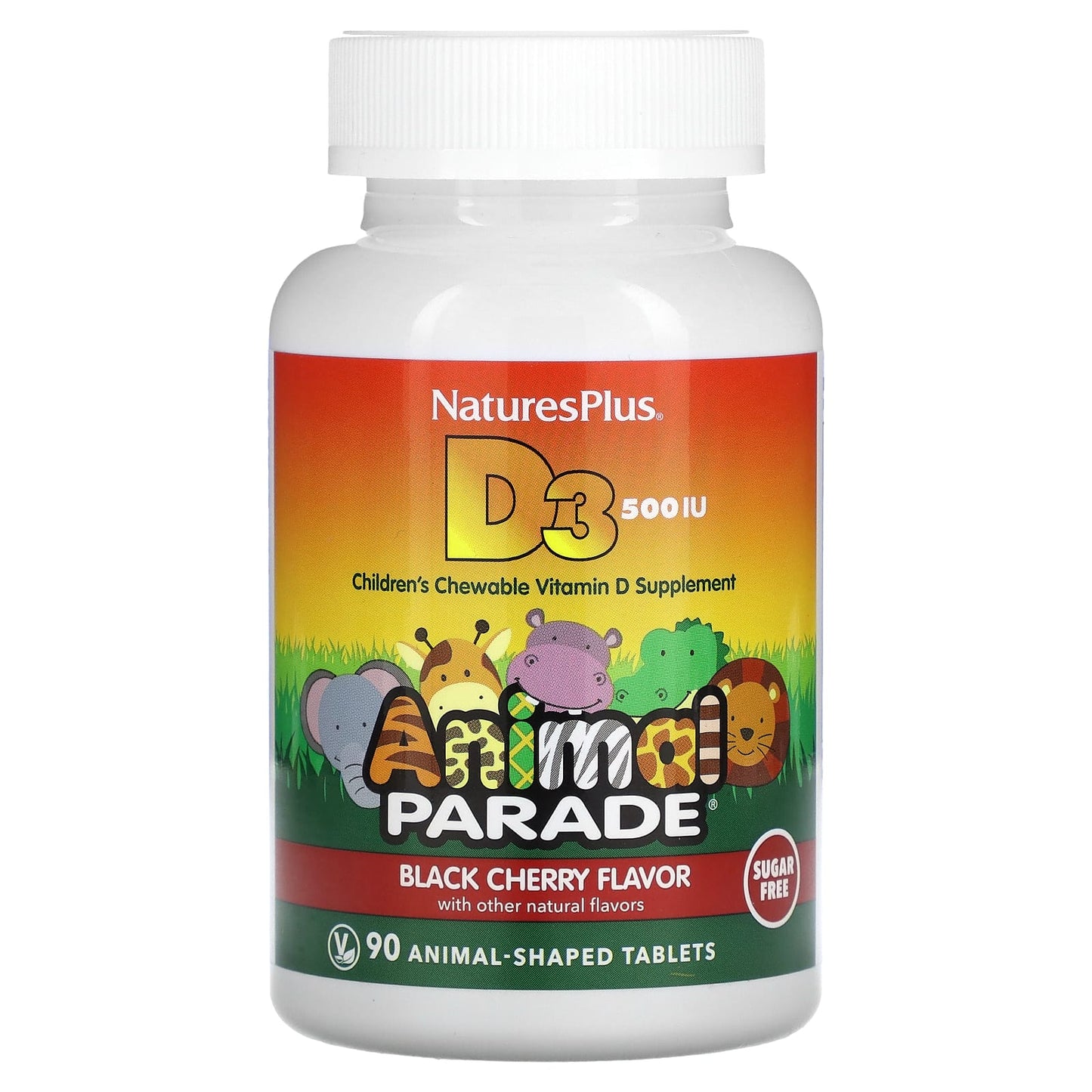 NaturesPlus, Animal Parade, Vitamin D3, Sugar Free, Black Cherry, 12.5 mcg (500 IU), 90 Animal-Shaped Tablets - Image 1