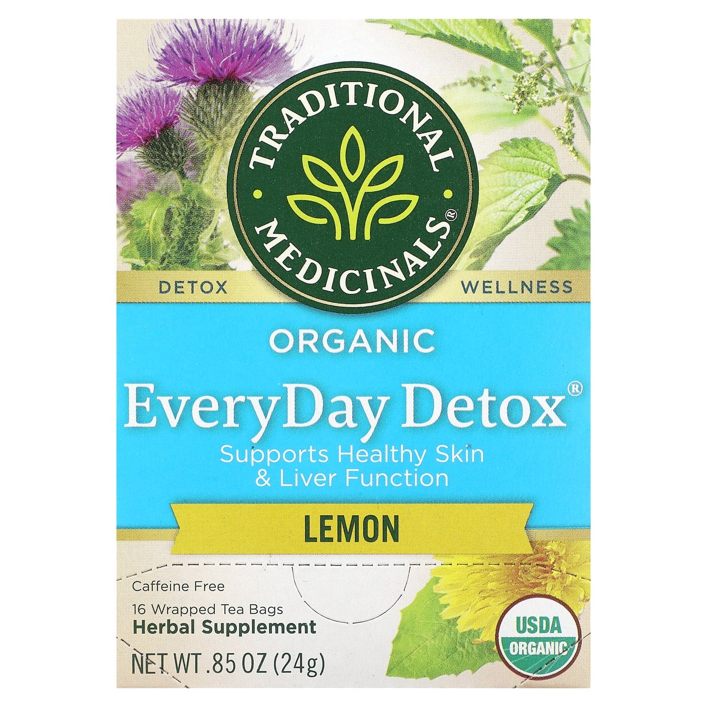 Traditional Medicinals, Organic EveryDay Detox, Lemon, Caffeine Free, 16 Wrapped Tea Bags, 0.85 oz (24 g) - Image 1