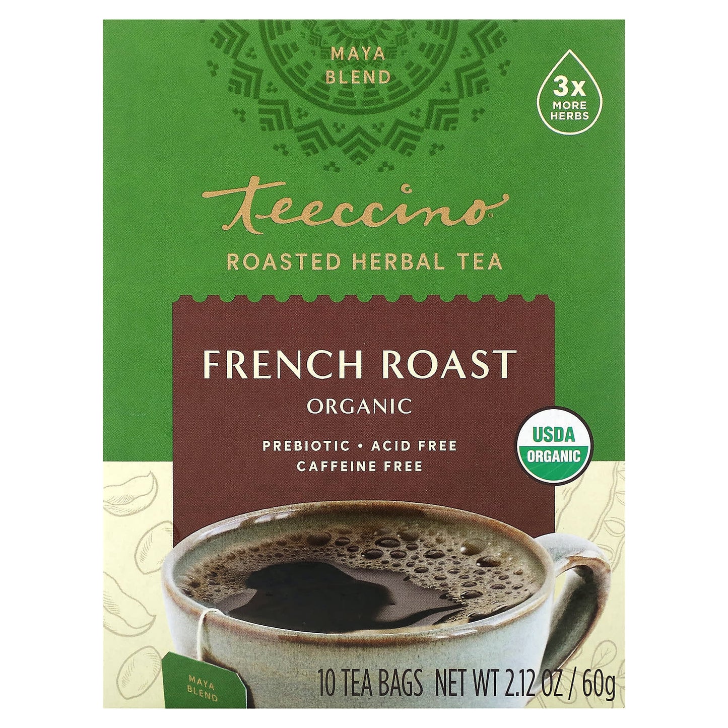 Teeccino, Organic Roasted Herbal Tea, French Roast, Caffeine Free, 10 Tea Bags, 2.12 oz (60 g) - Image 1