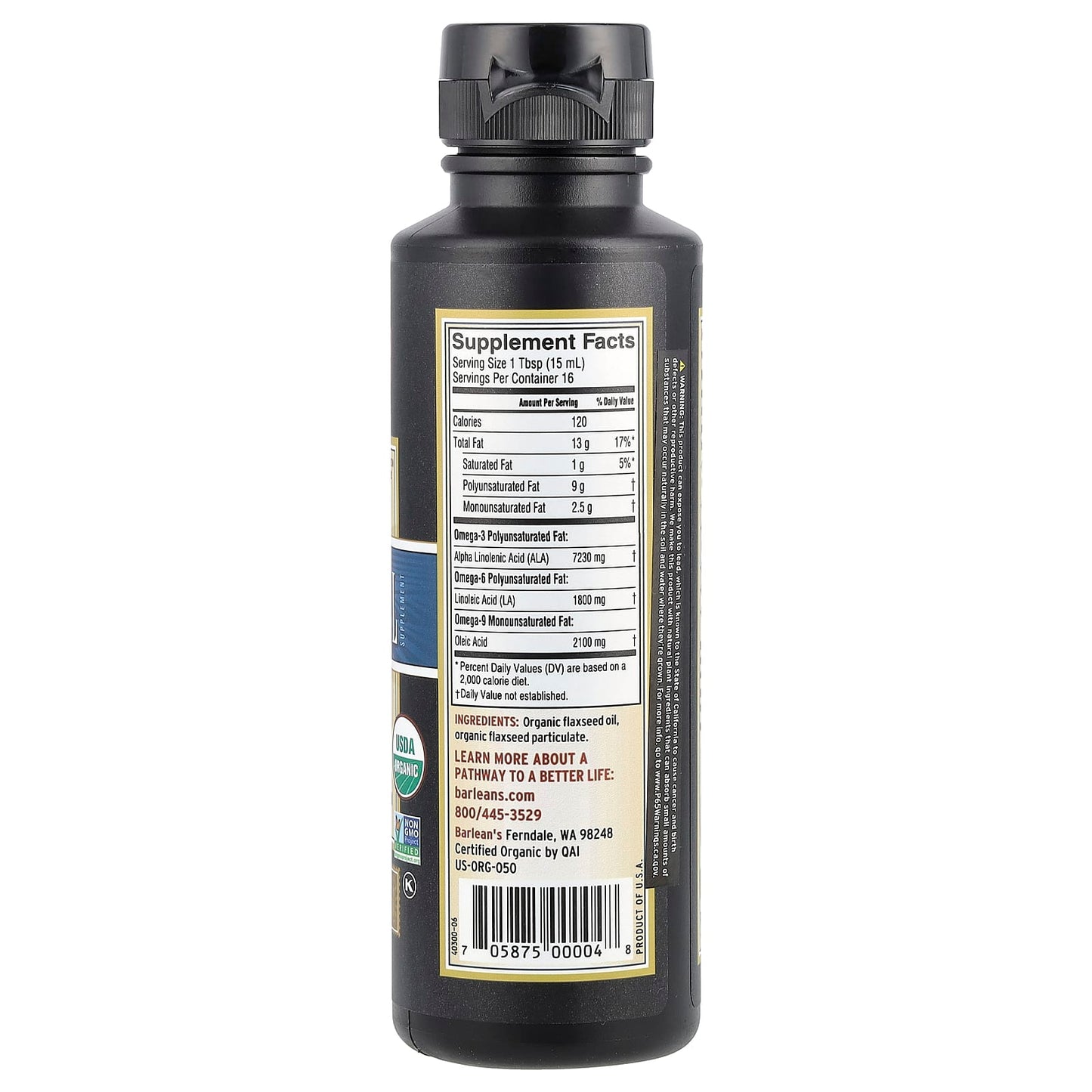 Barlean's Organic Lignan Flax Oil Supplement 8oz (236ml) - Image 2