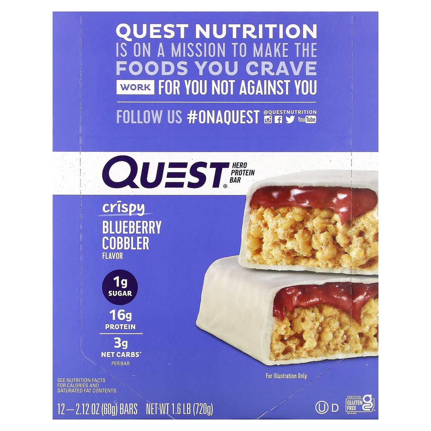 Quest Nutrition, Hero Protein Bar, Crispy Blueberry Cobbler, 12 Bars, 2.12 oz (60 g) Each - Image 1