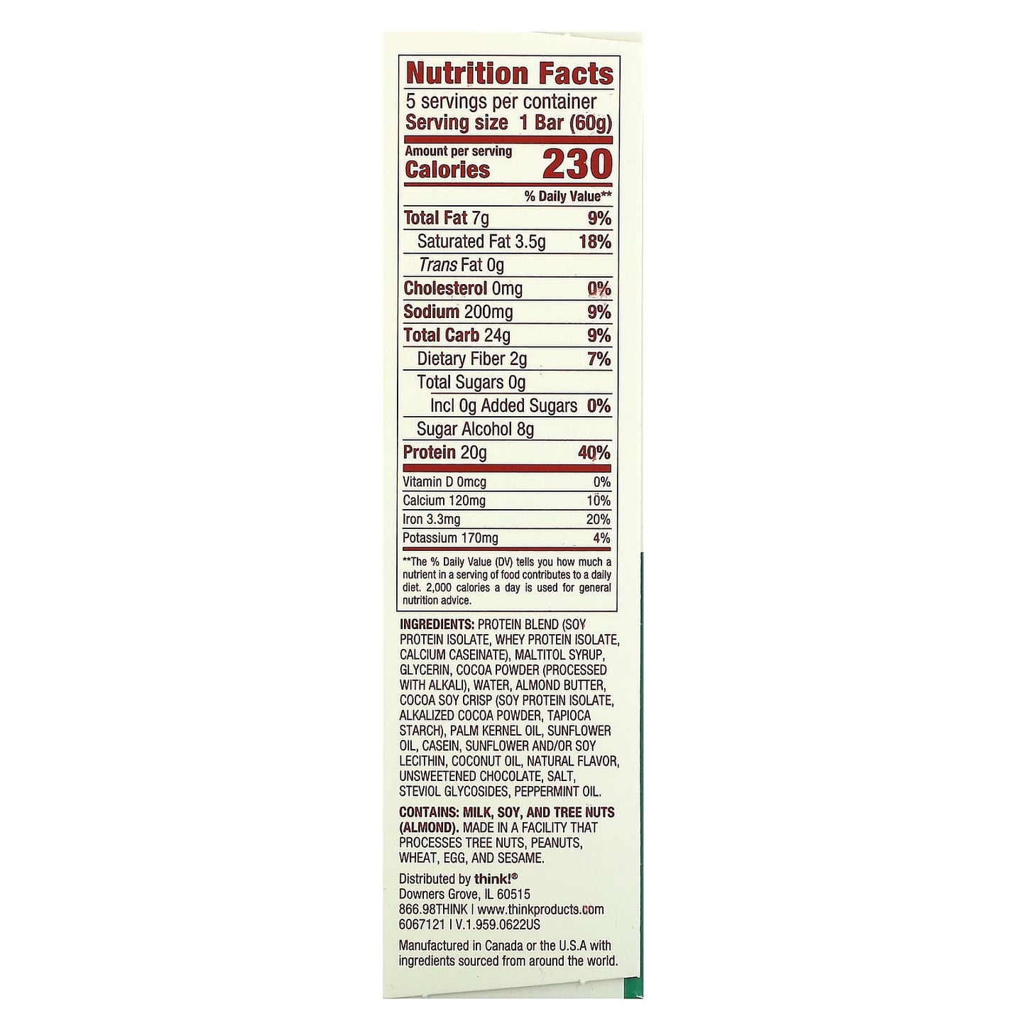 Think !, High Protein Bars, Chocolate Mint, 5 Bars, 2.1 oz (60 g) Each - Image 2