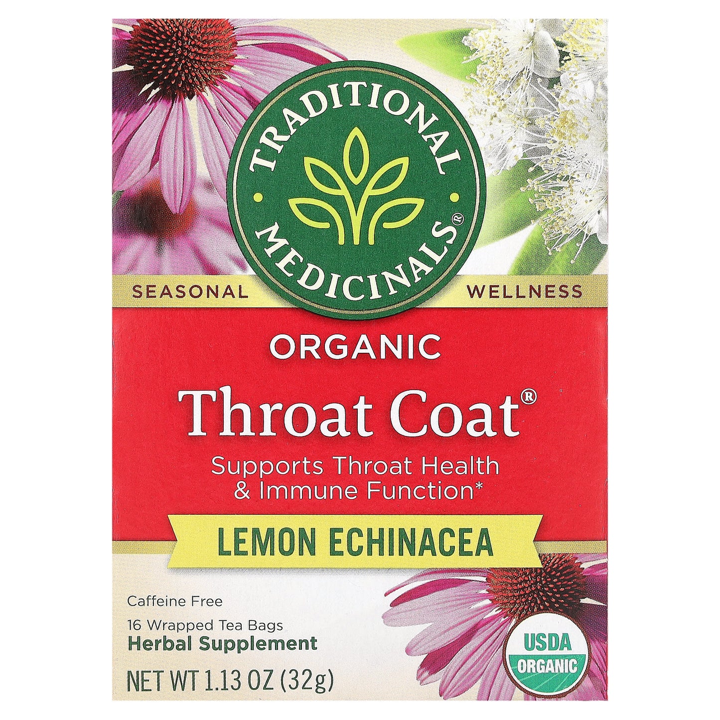 Traditional Medicinals, Organic Throat Coat, Lemon Echinacea, Caffeine Free, 16 Wrapped Tea Bags, 1.13 oz (32 g) - Image 1