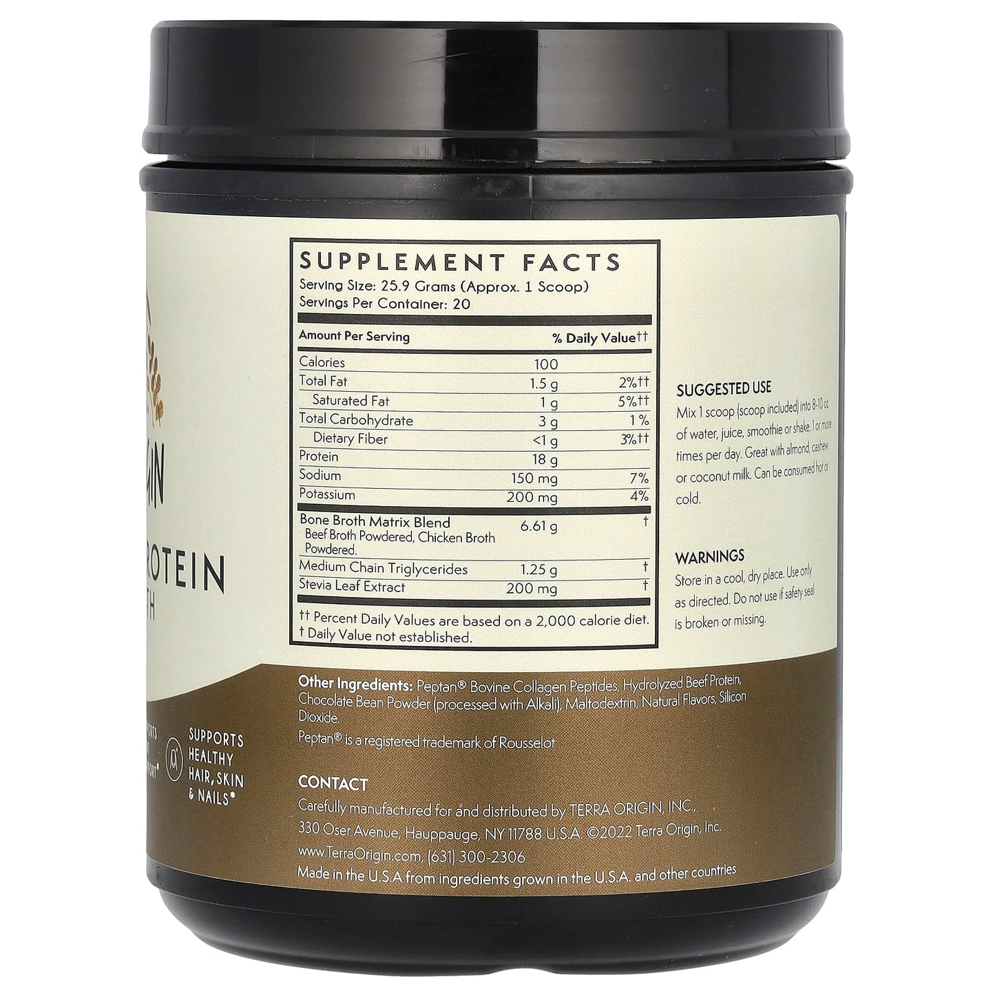 Terra Origin, Collagen + Protein Bone Broth, Chocolate, 18.27 oz (518 g) - Image 2