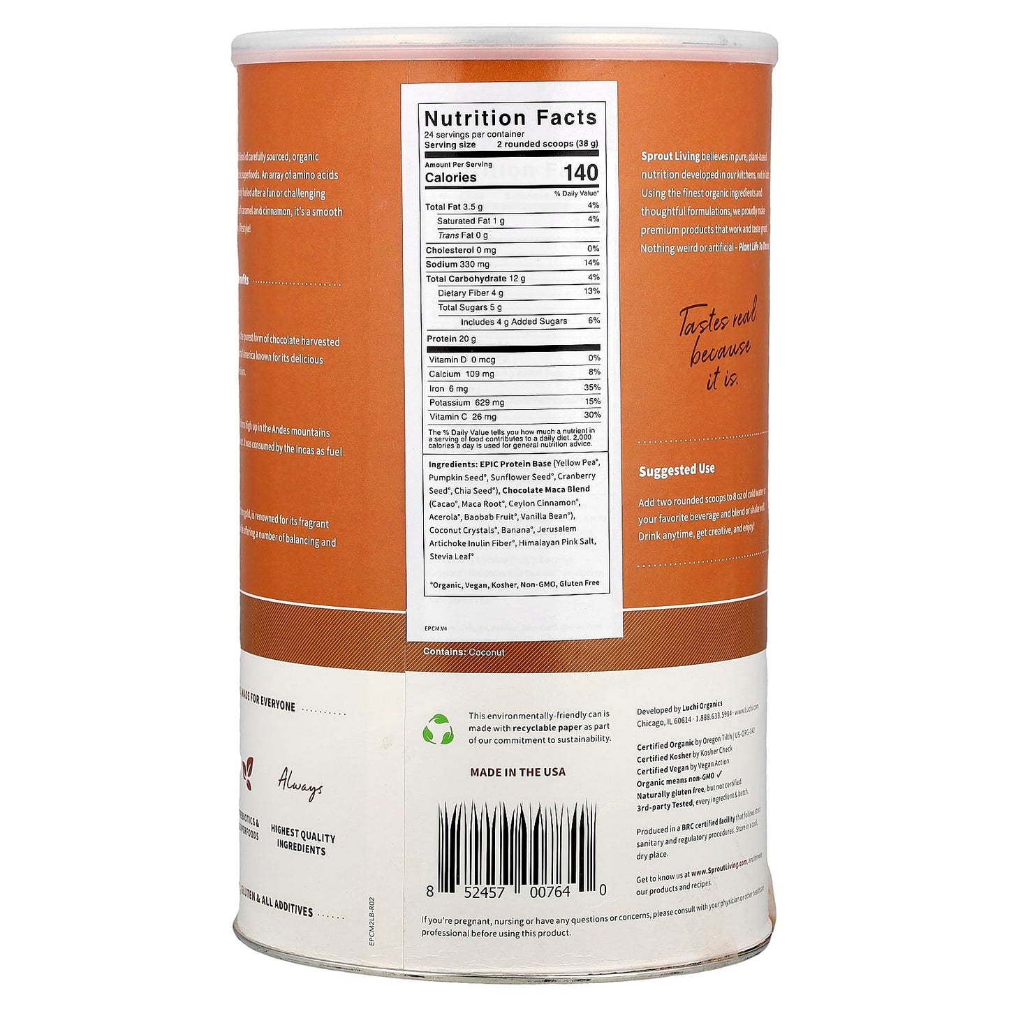 Sprout Living, Epic Protein®, Organic Plant Protein + Superfoods, Chocolate Maca, 2 lb (912 g) - Image 2