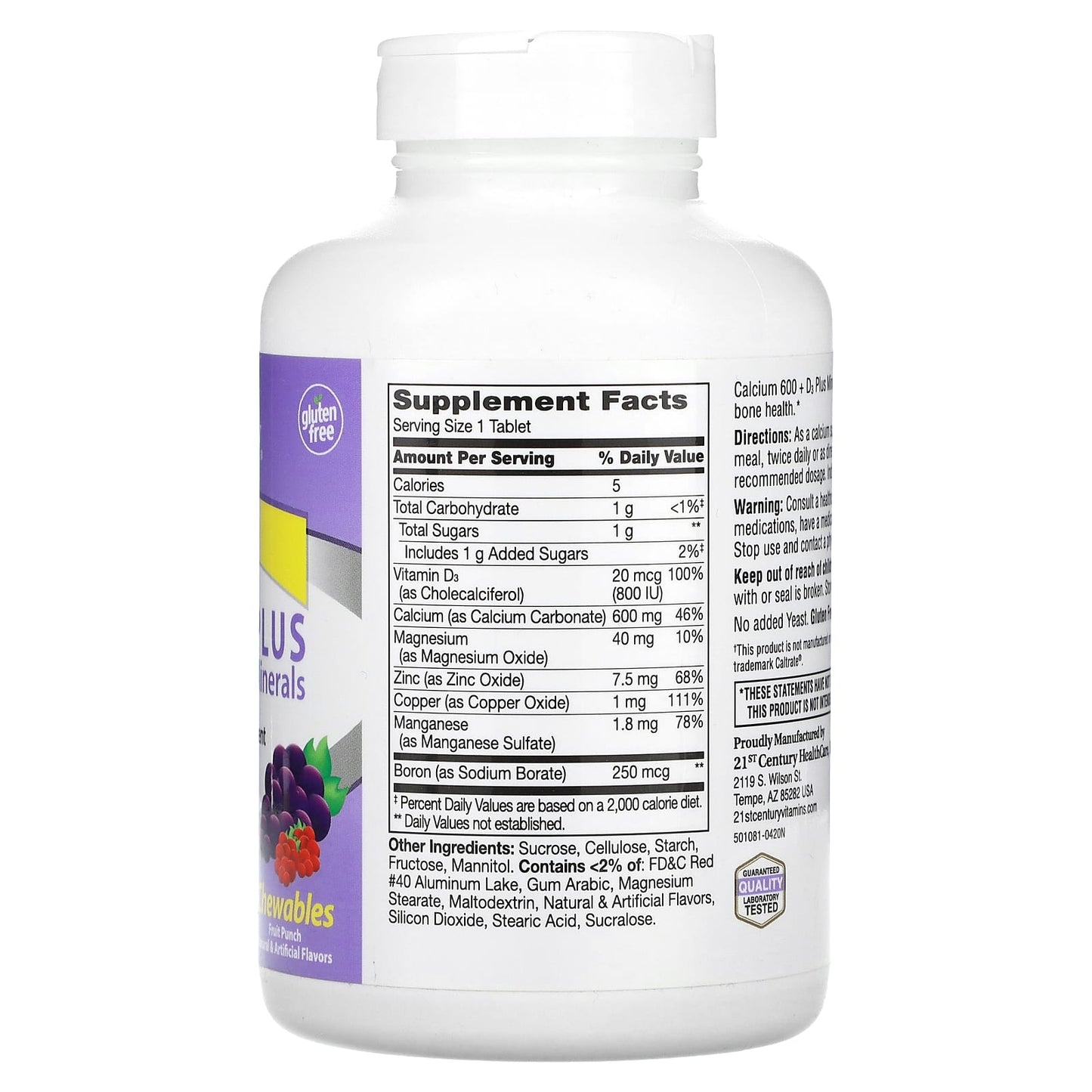 21st Century 600+ D3 Plus Minerals, Fruit Punch, 75 Chewable Tablets for Strong Bones - Image 2