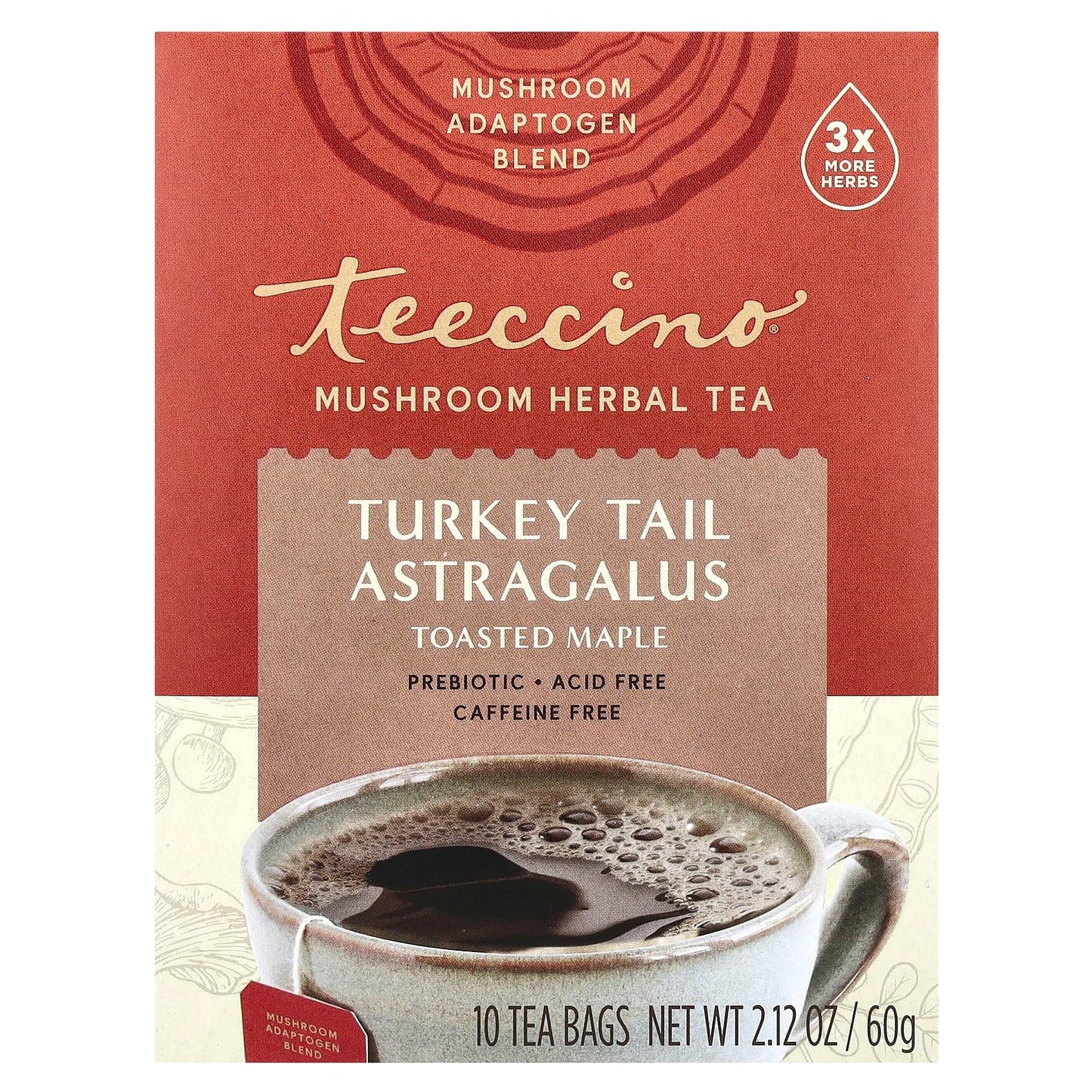 Teeccino, Mushroom Herbal Tea, Turkey Tail Astragalus, Toasted Maple, Caffeine Free, 10 Tea Bags, 2.12 oz (60 g) - Image 1