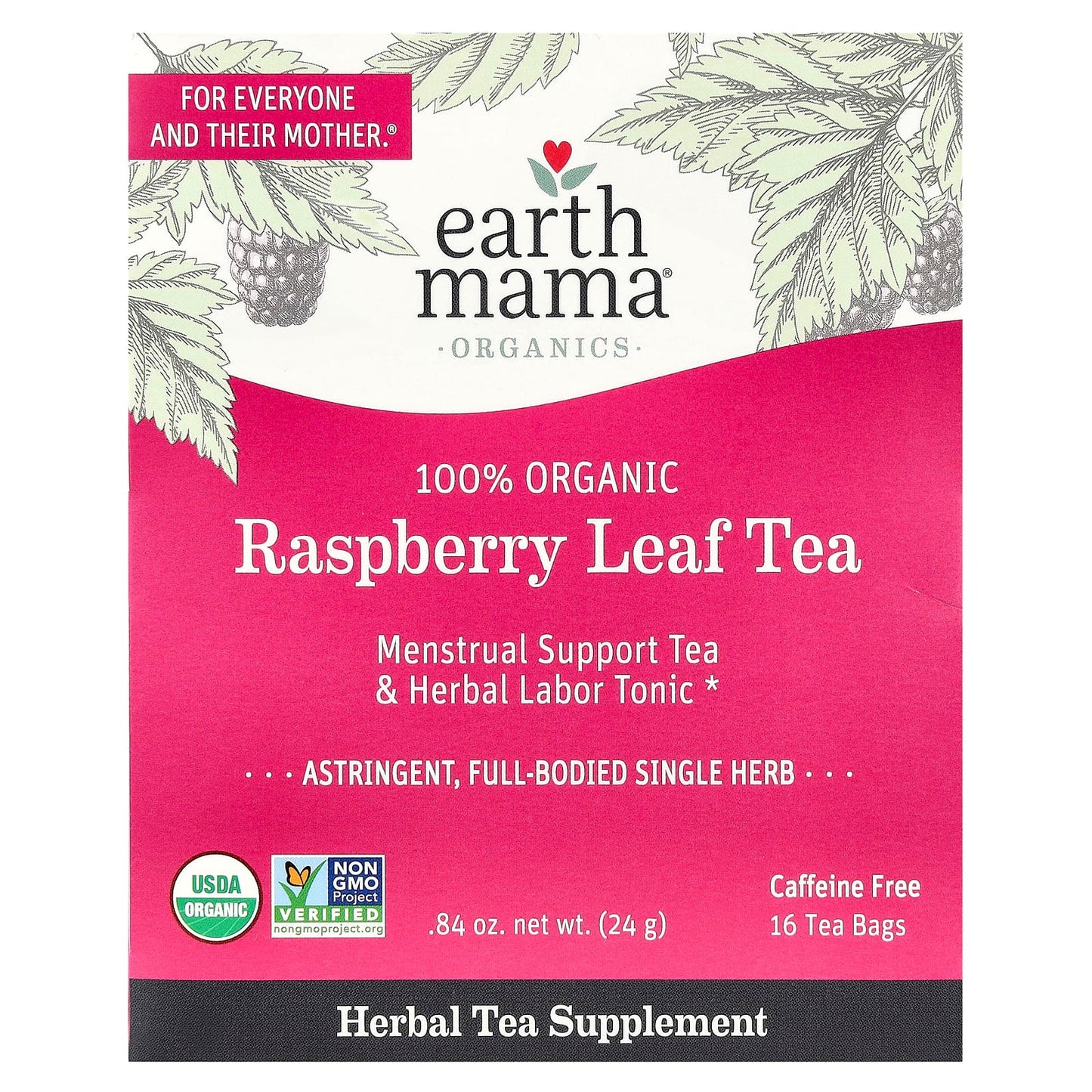 Earth Mama, 100% Organic Raspberry Leaf Tea, Caffeine Free, 16 Tea Bags, 0.84 oz (24 g)