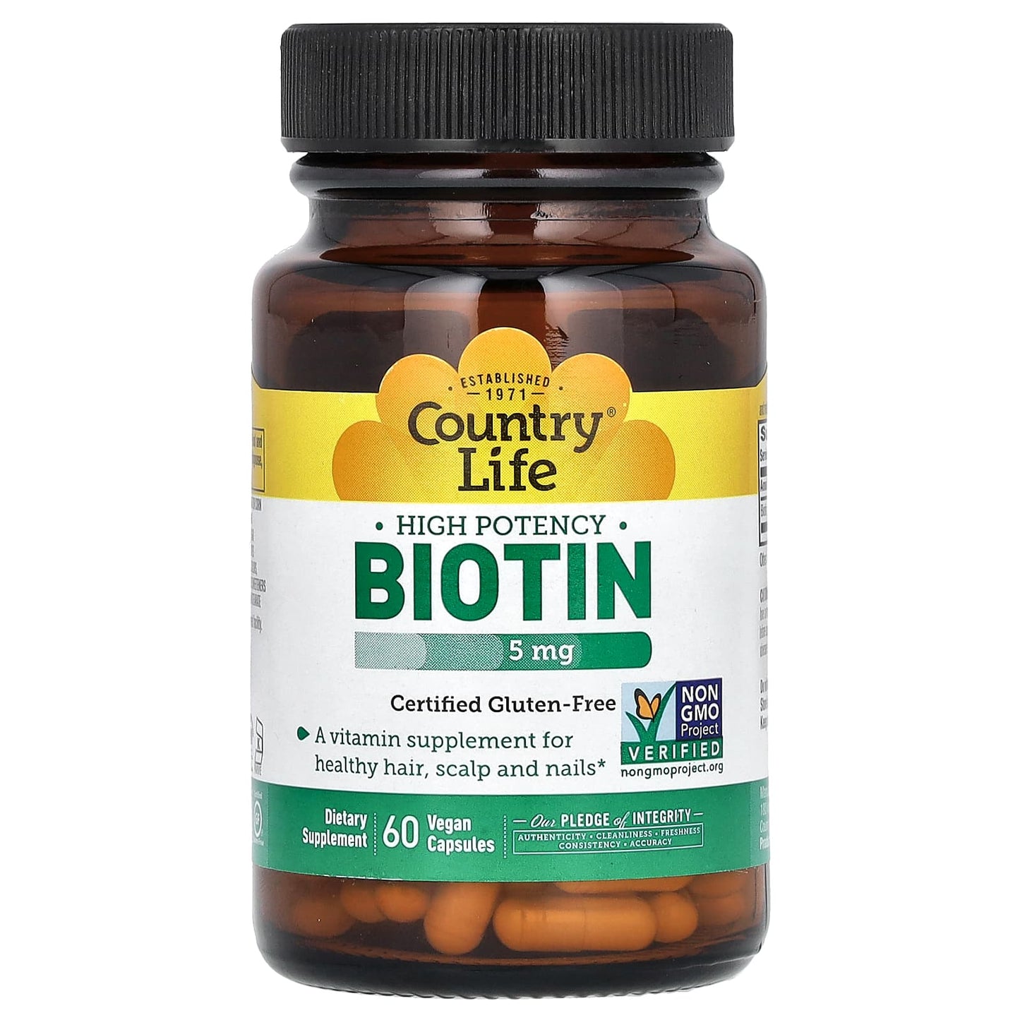Country Life High Potency Biotin, 5mg, 60 Vegan Capsules for Hair & Nails - Image 1