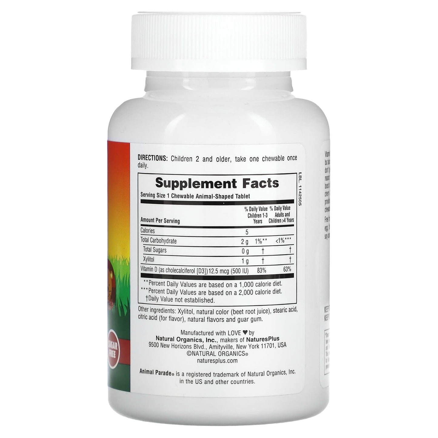 NaturesPlus, Animal Parade, Vitamin D3, Sugar Free, Black Cherry, 12.5 mcg (500 IU), 90 Animal-Shaped Tablets