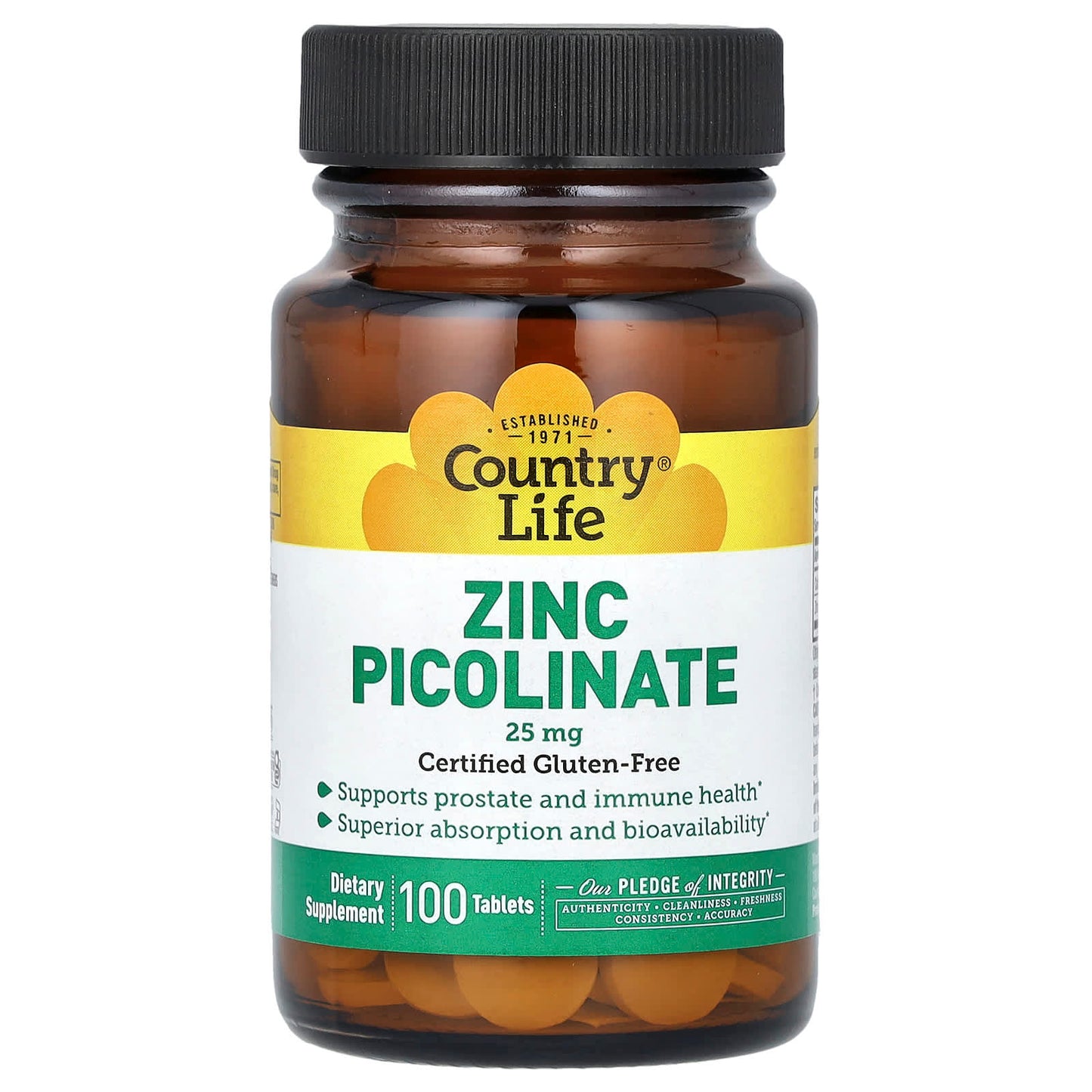 Country Life Zinc Picolinate 25mg, Gluten-Free, 100 Tablets - Image 1