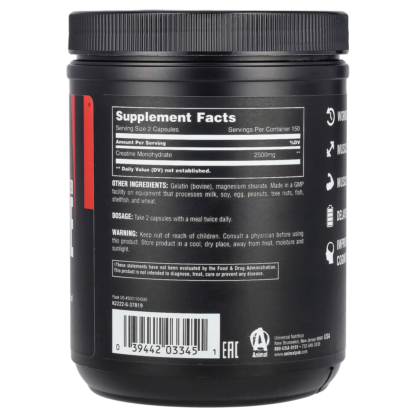 Animal, Micronized Creatine, 300 Capsules (1,250 mg per Capsule)