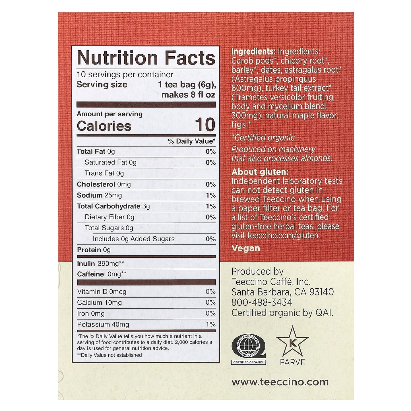 Teeccino, Mushroom Herbal Tea, Turkey Tail Astragalus, Toasted Maple, Caffeine Free, 10 Tea Bags, 2.12 oz (60 g) - Image 2