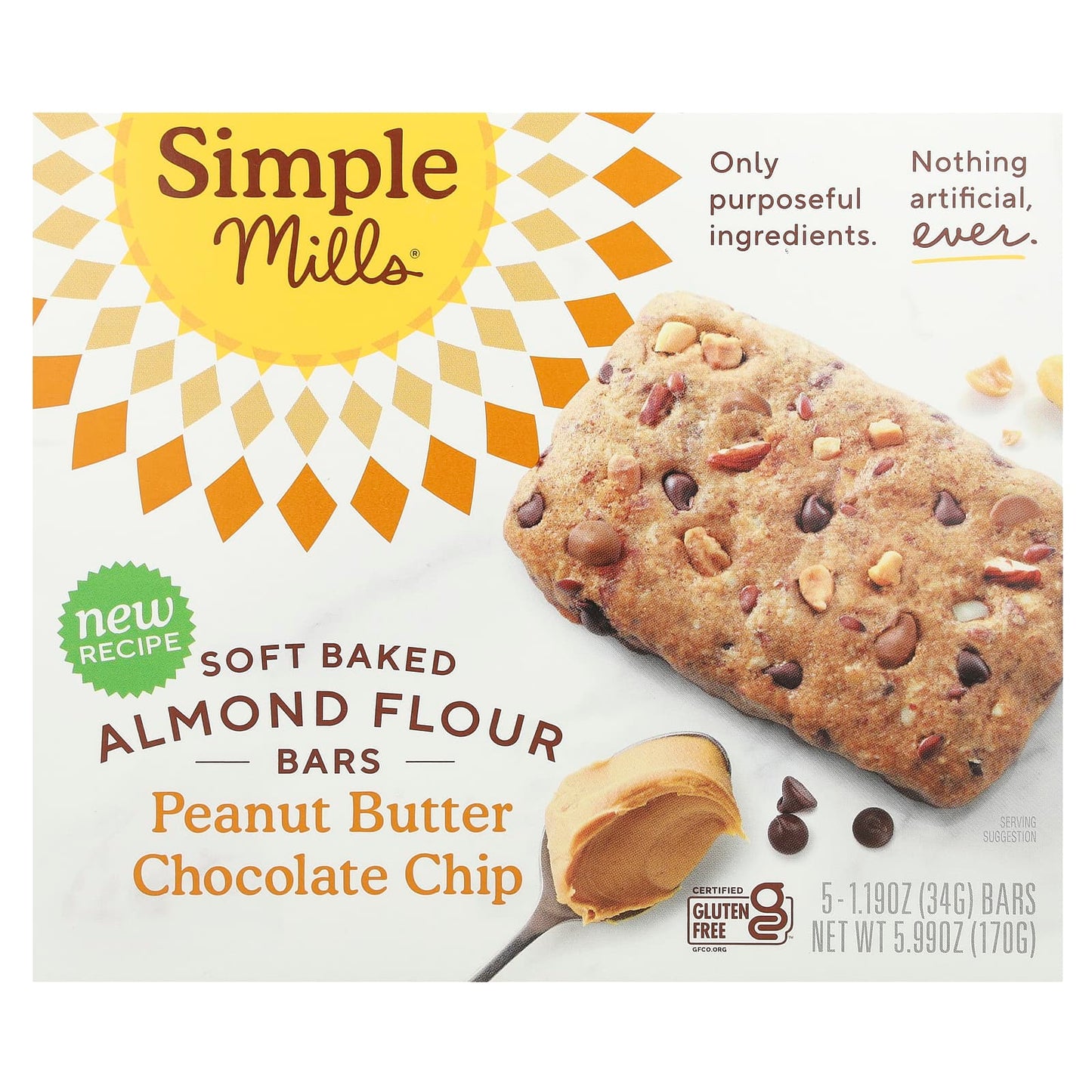 Simple Mills, Soft Baked Almond Flour Bars, Peanut Butter Chocolate Chip, 5 Bars, 1.19 oz (34 g) Each - Image 1