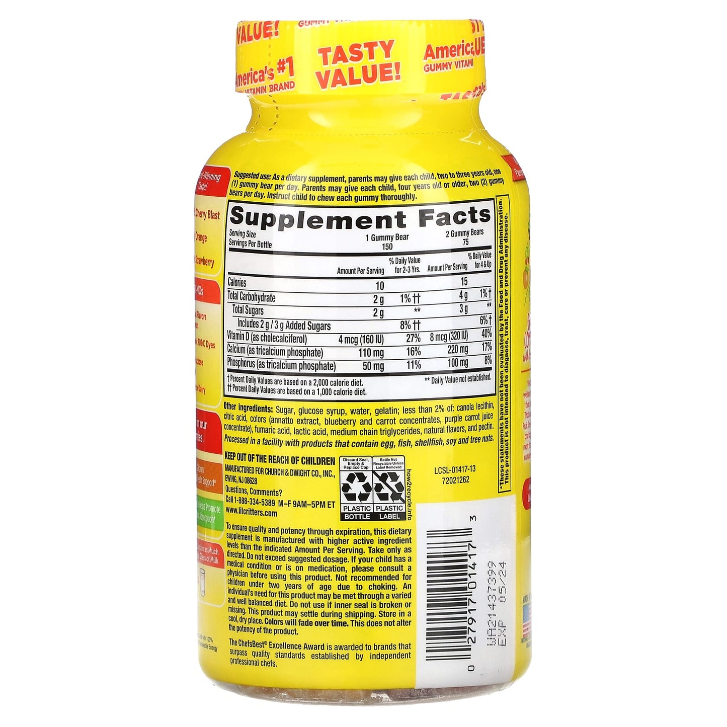 L'il Critters, Calcium + D3, Bone Support Gummies, Black Cherry Blast, Juicy Orange & Fresh Strawberry, 150 Gummies - Image 2
