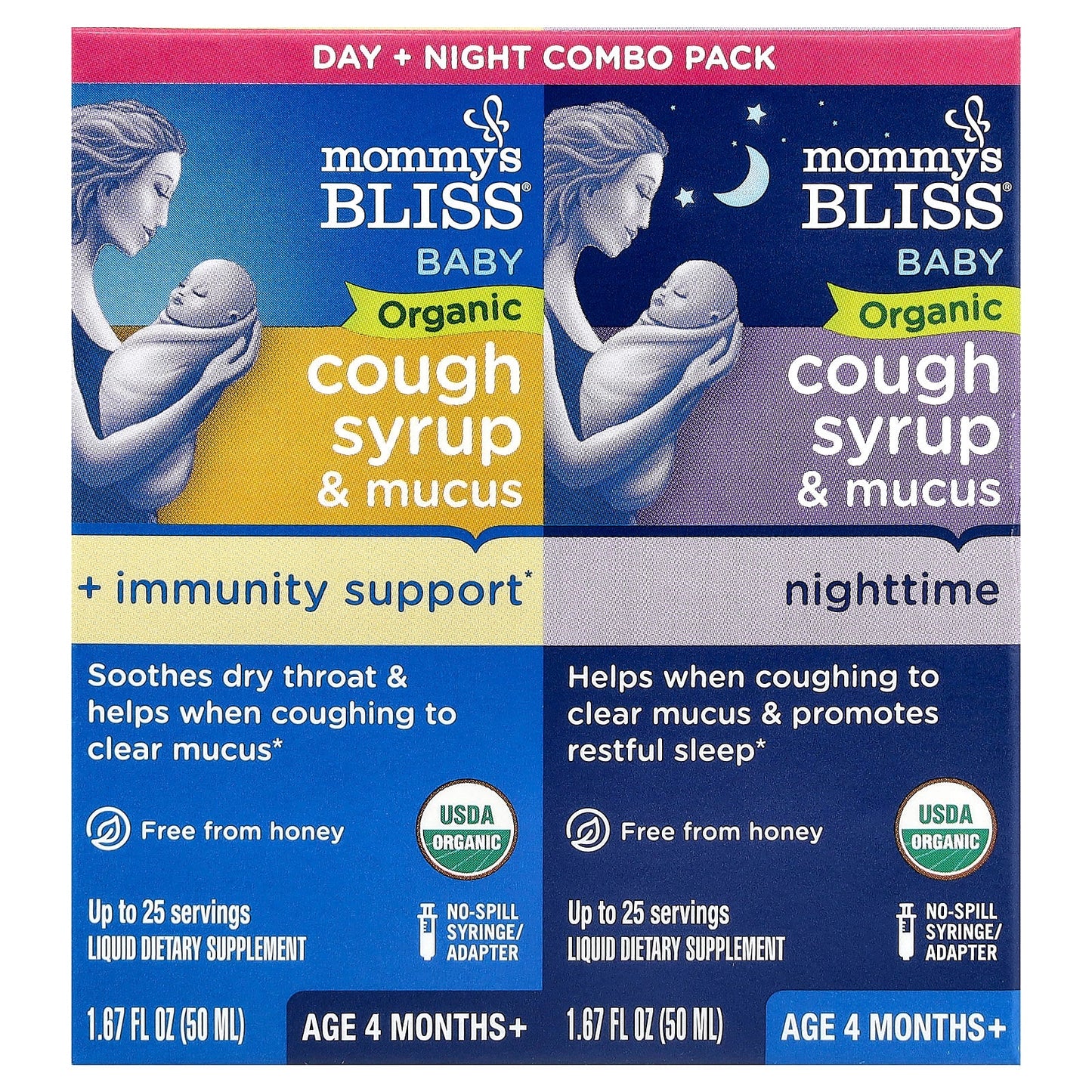 Mommy's Bliss, Baby, Organic Cough Syrup & Mucus, Day/Night Pack, Age 4 Months+, 2 Pack, 1.67 fl oz (50 ml) Each - Image 1