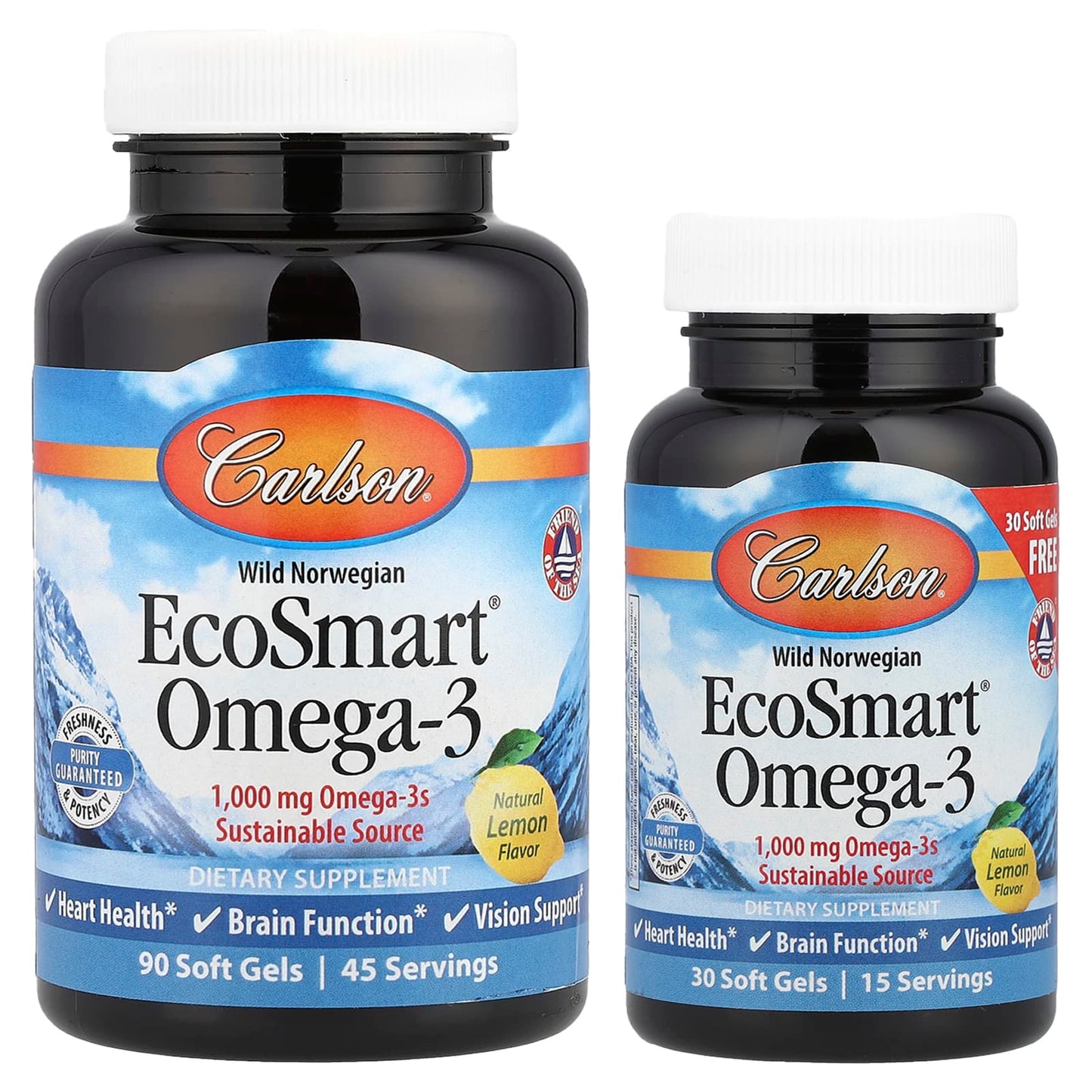 Carlson, Wild Norwegian, EcoSmart® Omega-3, Natural Lemon, 1,000 mg, 120 Soft Gels (500 mg per Soft Gel)
