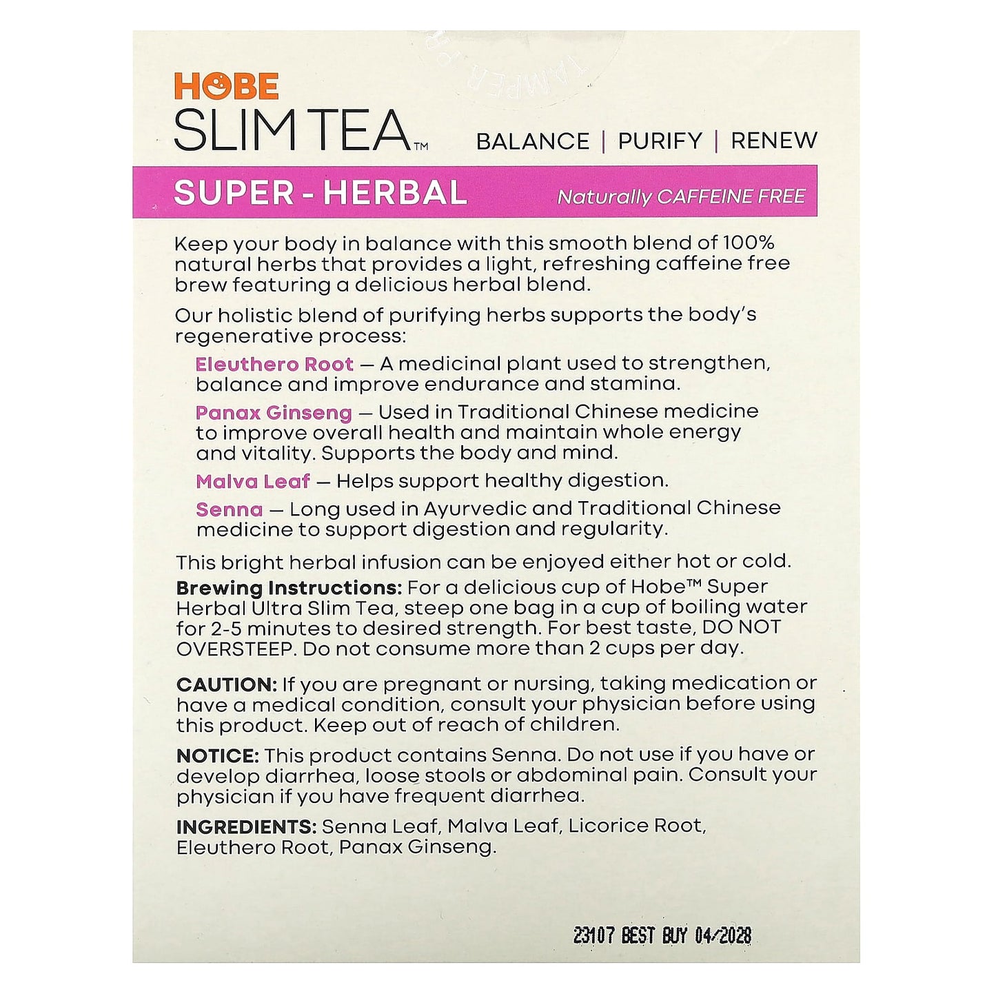 <b>Hobe Labs Ultra Slim Tea</b> | 100% Natural, Caffeine Free, 24 Herbal Tea Bags - Image 2