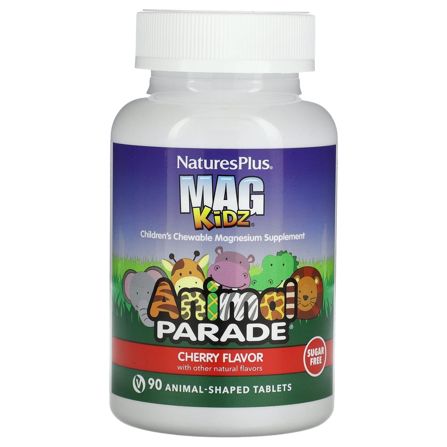 NaturesPlus, MagKidz, Animal Parade, Children's Chewable Magnesium, Cherry, 90 Animal-Shaped Tablets (50 mg per Tablet) - Image 1