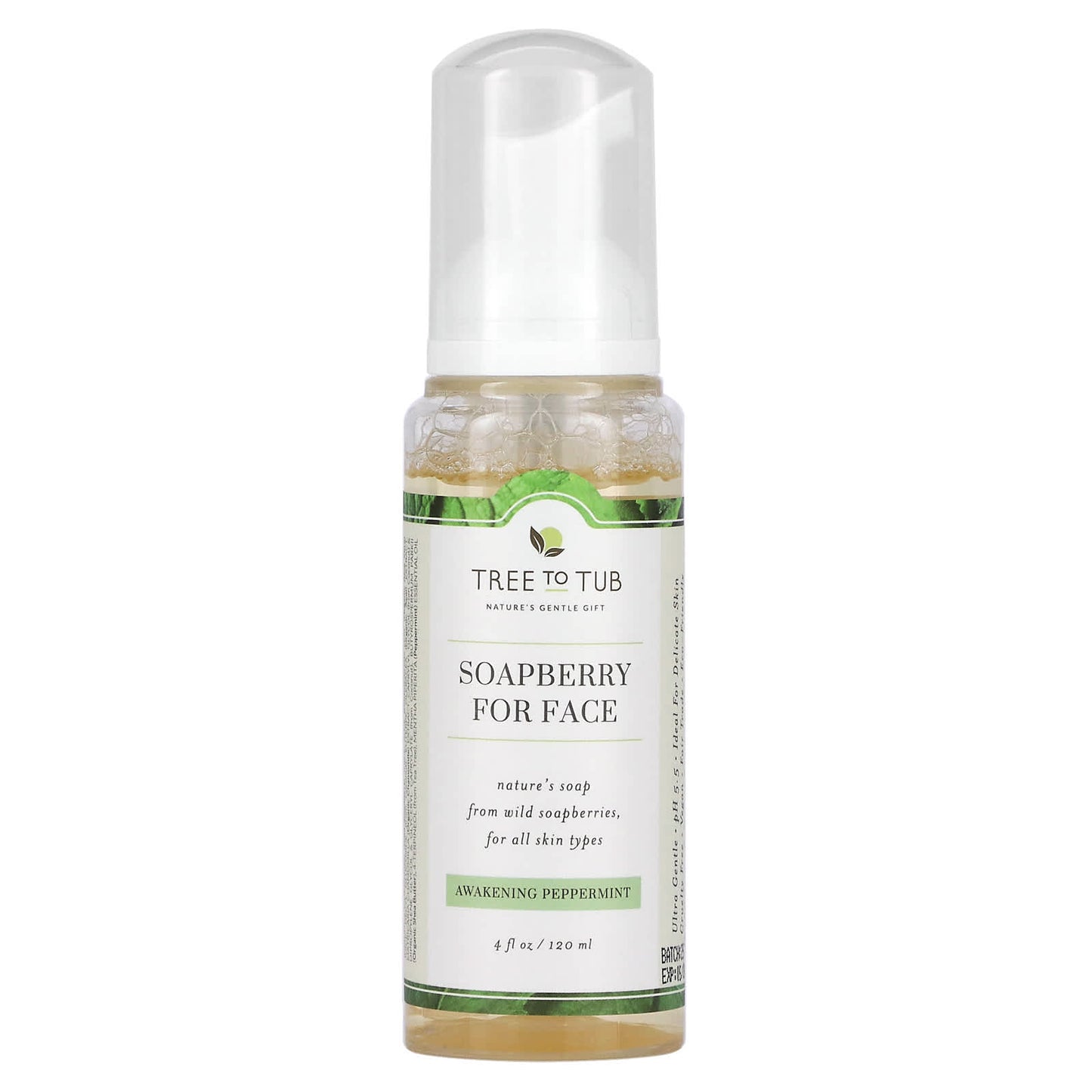 Tree To Tub, Soapberry Gentle Foaming Face Wash Cleanser, Oil Free, pH Balanced for Oily, Sensitive Skin, Awakening Peppermint, 4 fl oz (120 ml) - Image 1