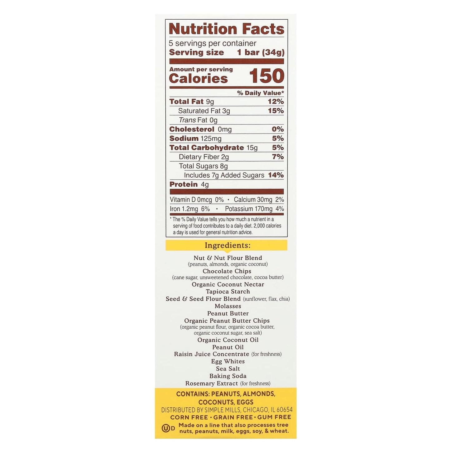 Simple Mills, Soft Baked Almond Flour Bars, Peanut Butter Chocolate Chip, 5 Bars, 1.19 oz (34 g) Each - Image 2