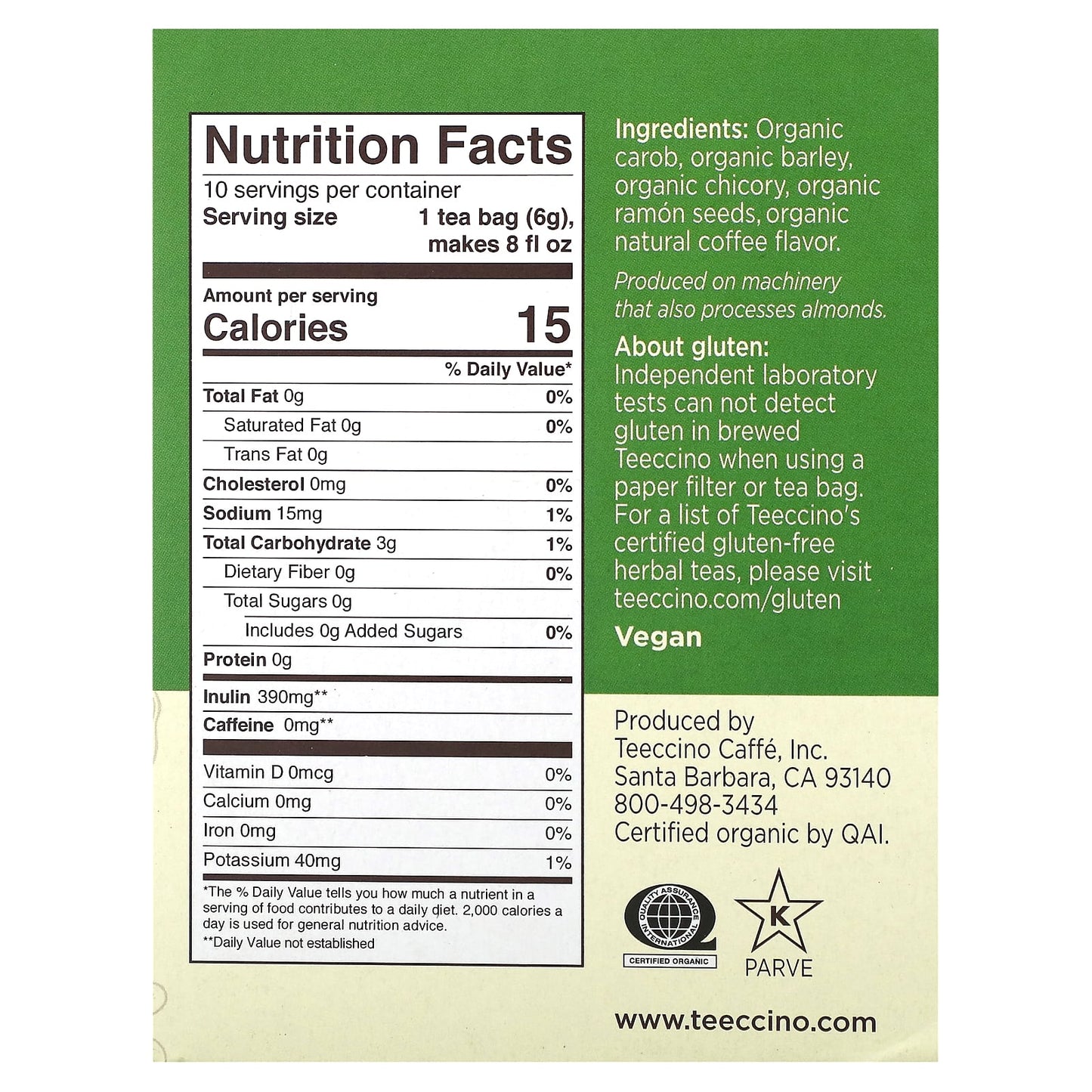 Teeccino, Organic Roasted Herbal Tea, French Roast, Caffeine Free, 10 Tea Bags, 2.12 oz (60 g) - Image 2