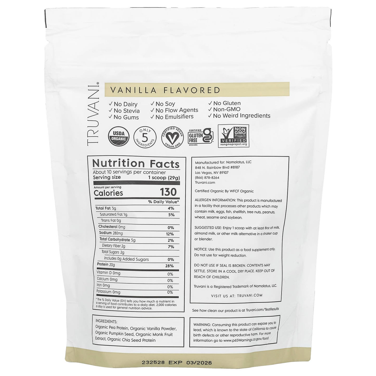 Truvani, Plant Based Protein, Vanilla, 0.65 lbs (297 g) - Image 2
